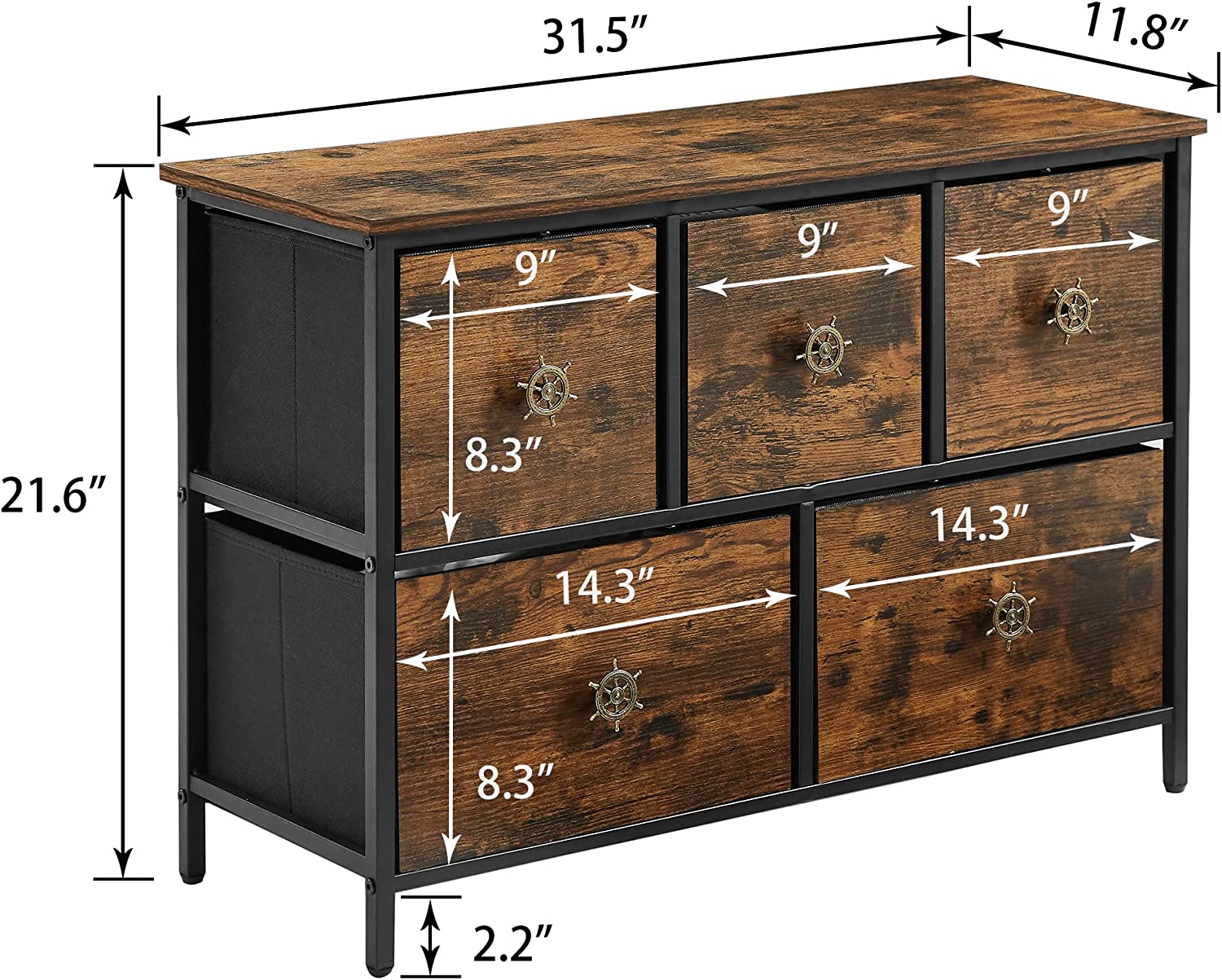 VECELO Dresser for Bedroom with 5 Fabric Drawers, Clothes Cabinet Storage Organizers and Wood Top Surface Table for Living Room, Hallway