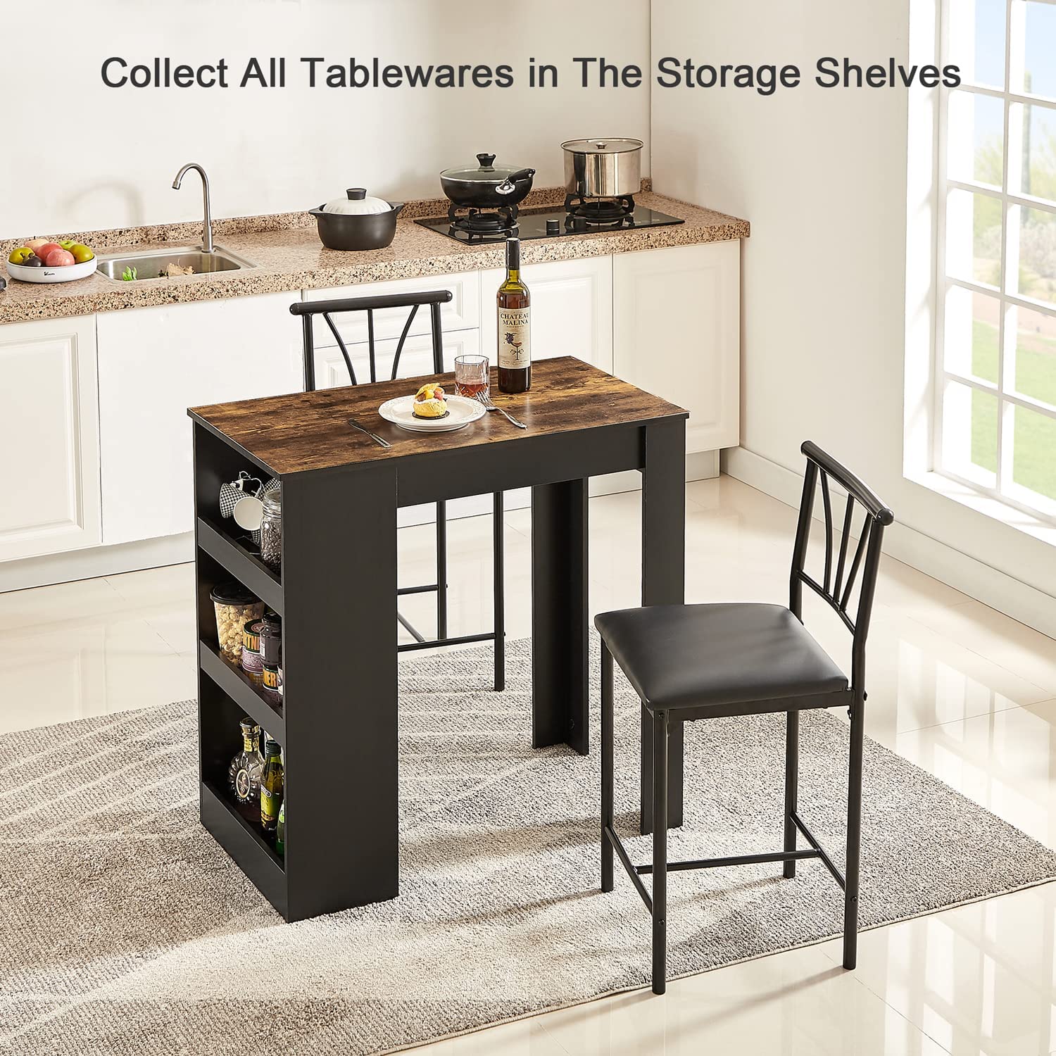 VECELO Small Bar Table and Chairs Tall Kitchen Breakfast Nook with Sto