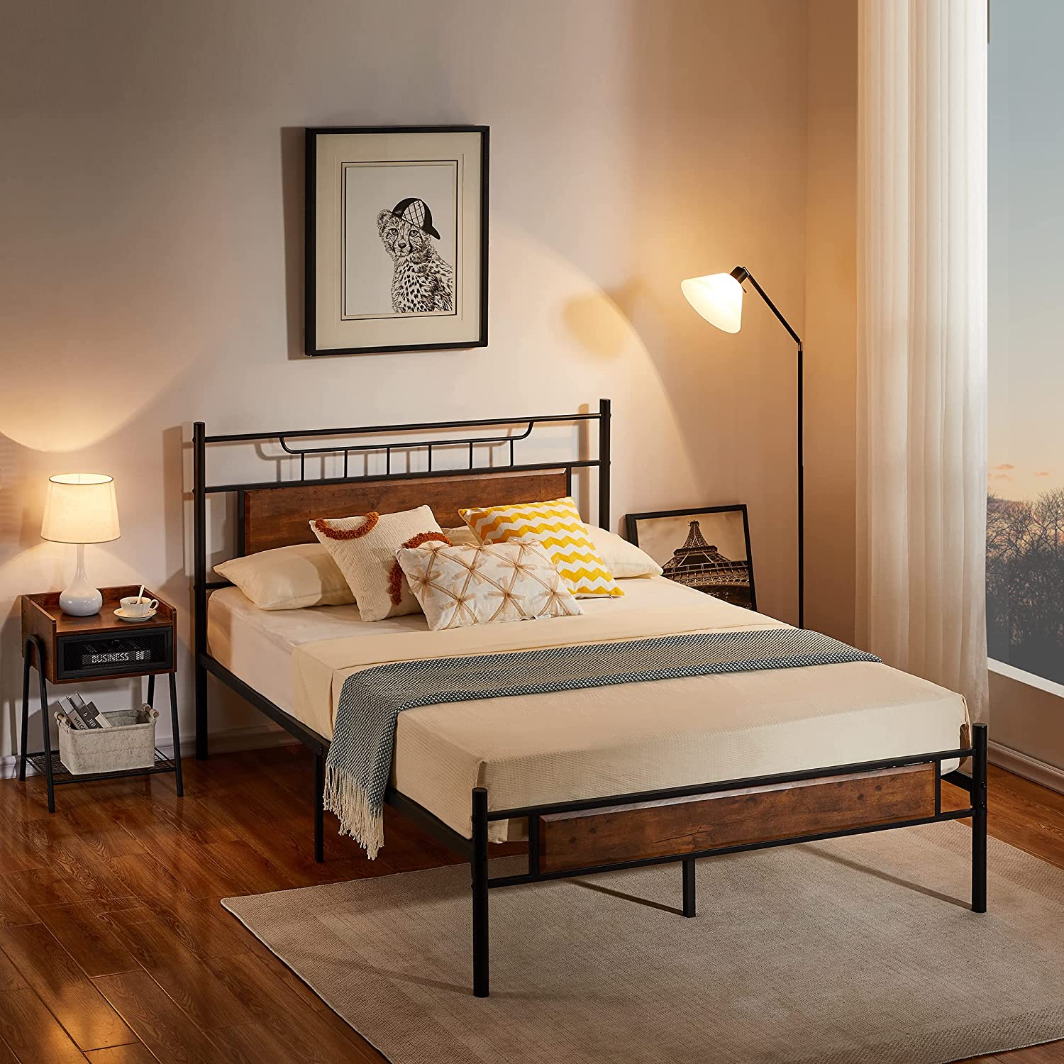 VECELO Platform Bed Frame with Wood Headboard No Box Spring Needed Heavy Duty Steel Slat