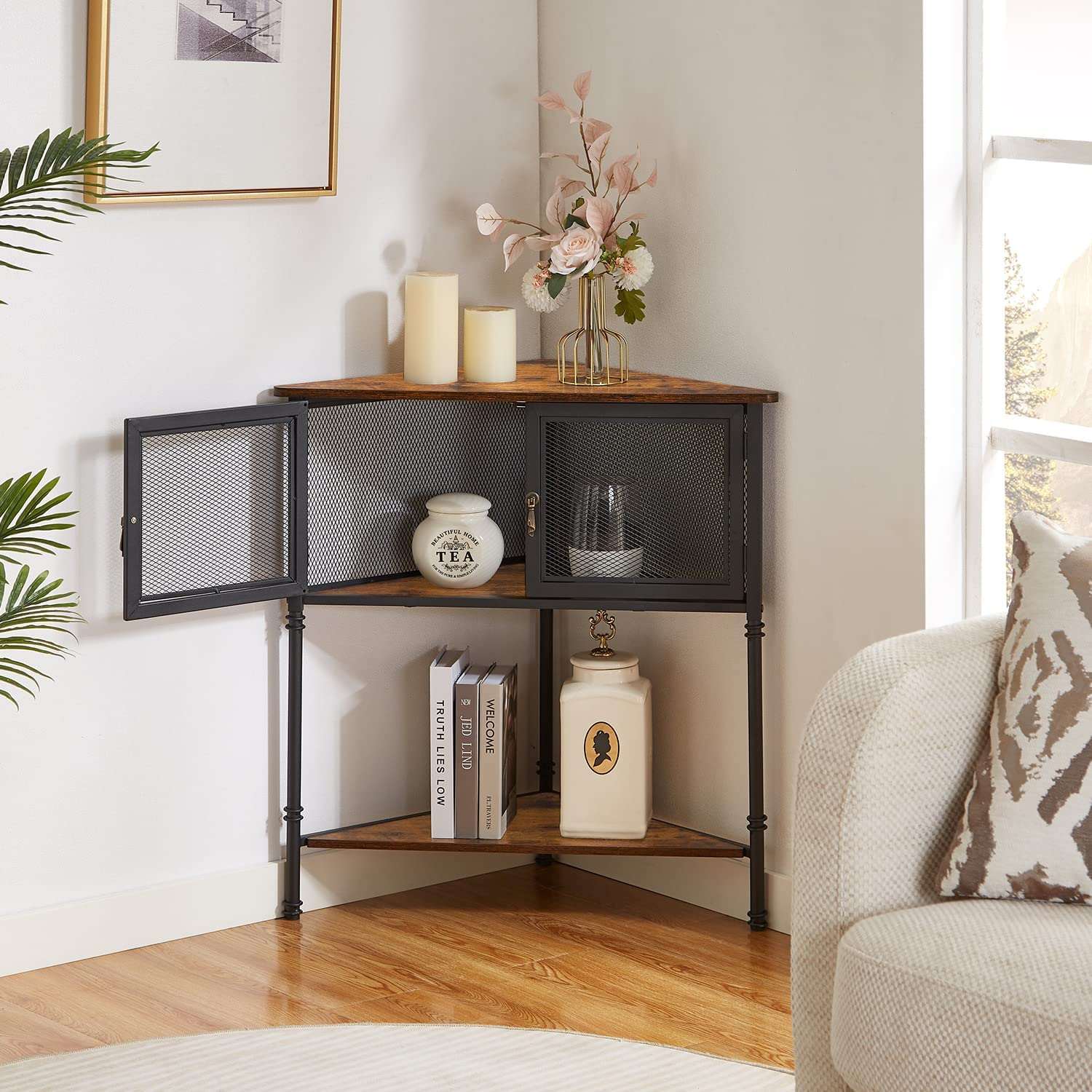 3-Tier Corner Shelf with Storage Cabinet