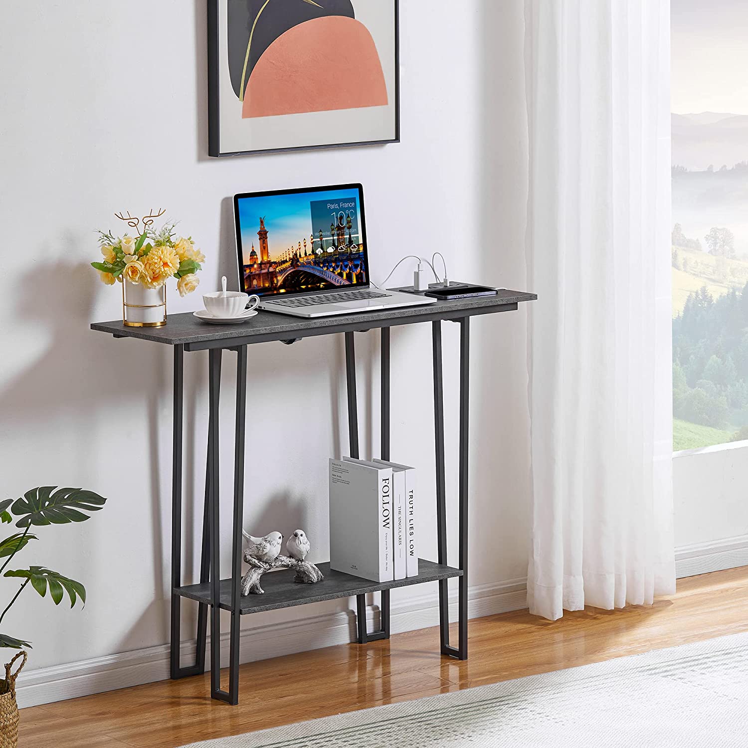 VECELO Couch Side & Console Table with 2 Outlets & 2 USB Ports