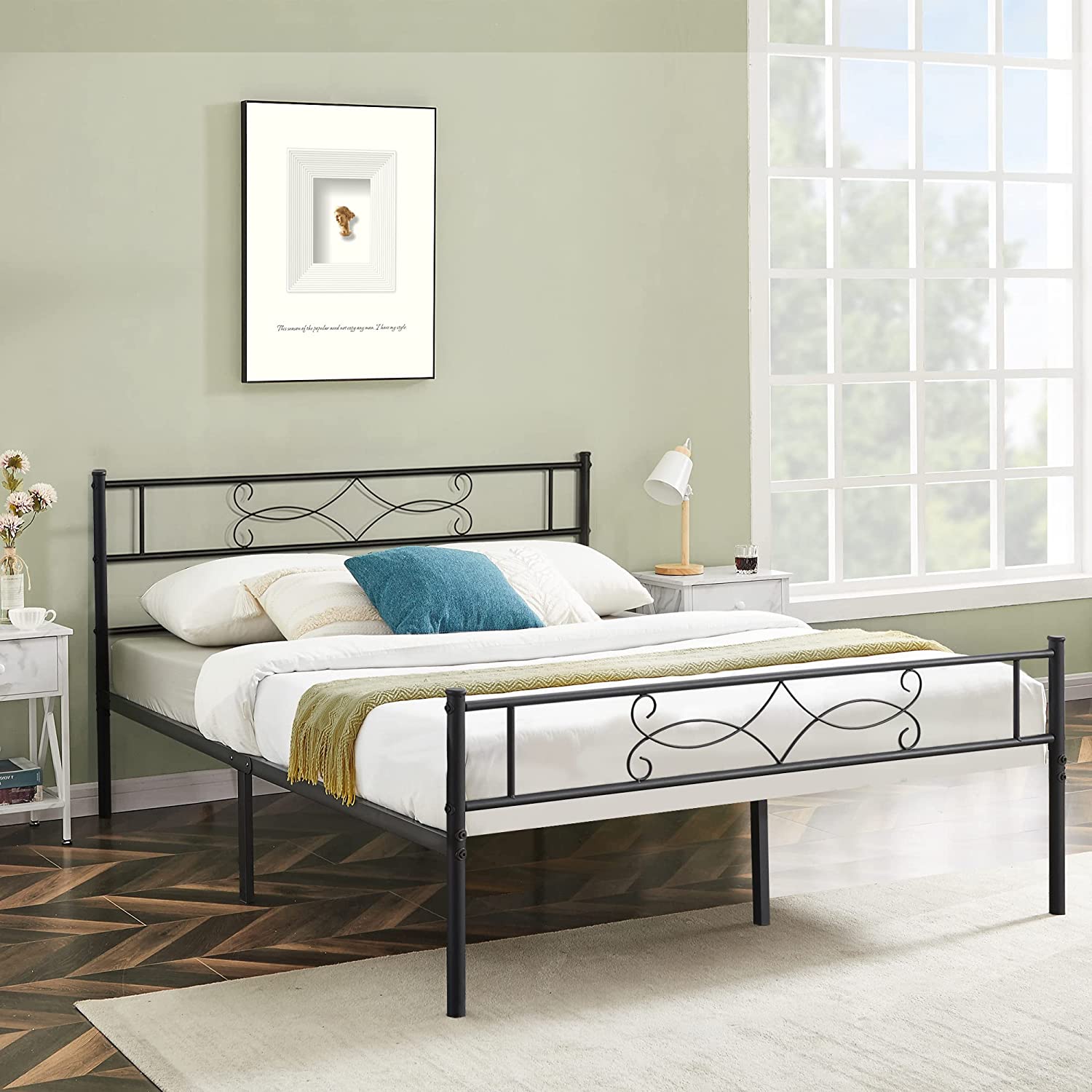 VECELO Queen Bed Frames No Box Spring Needed, Heavy Duty Metal Platform with Steel Slat, Easy Assembly, 60 in. W, Black, 9 Legs, Black 14 in.