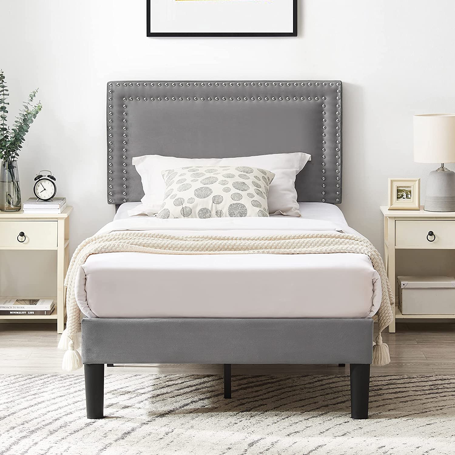 Vecelo Modern Platform Bed Frame/Mattress Foundation with Height Adjustable Upholstered Headboard Twin/Full/Queen Grey