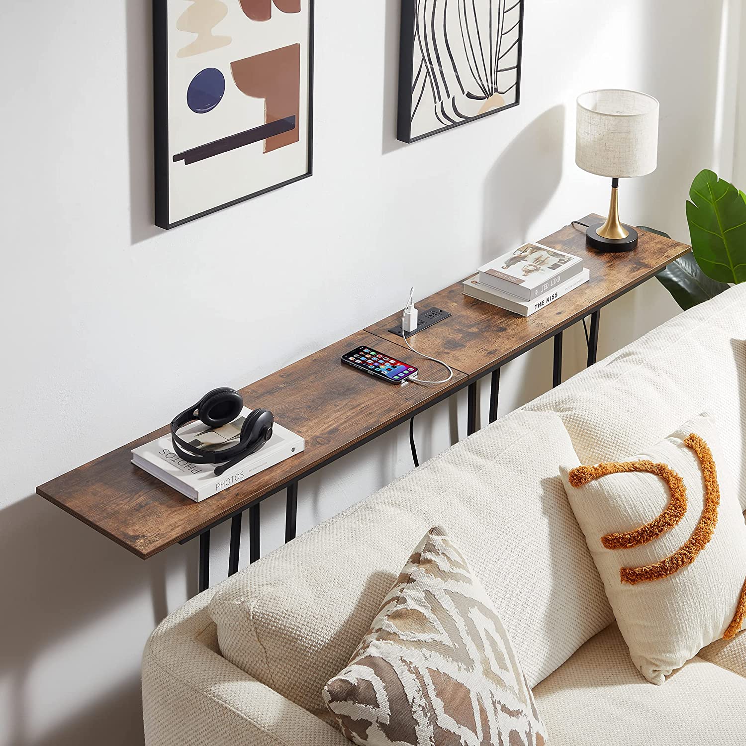 VECELO Couch Side & Console Table with 2 Outlets & 2 USB Ports