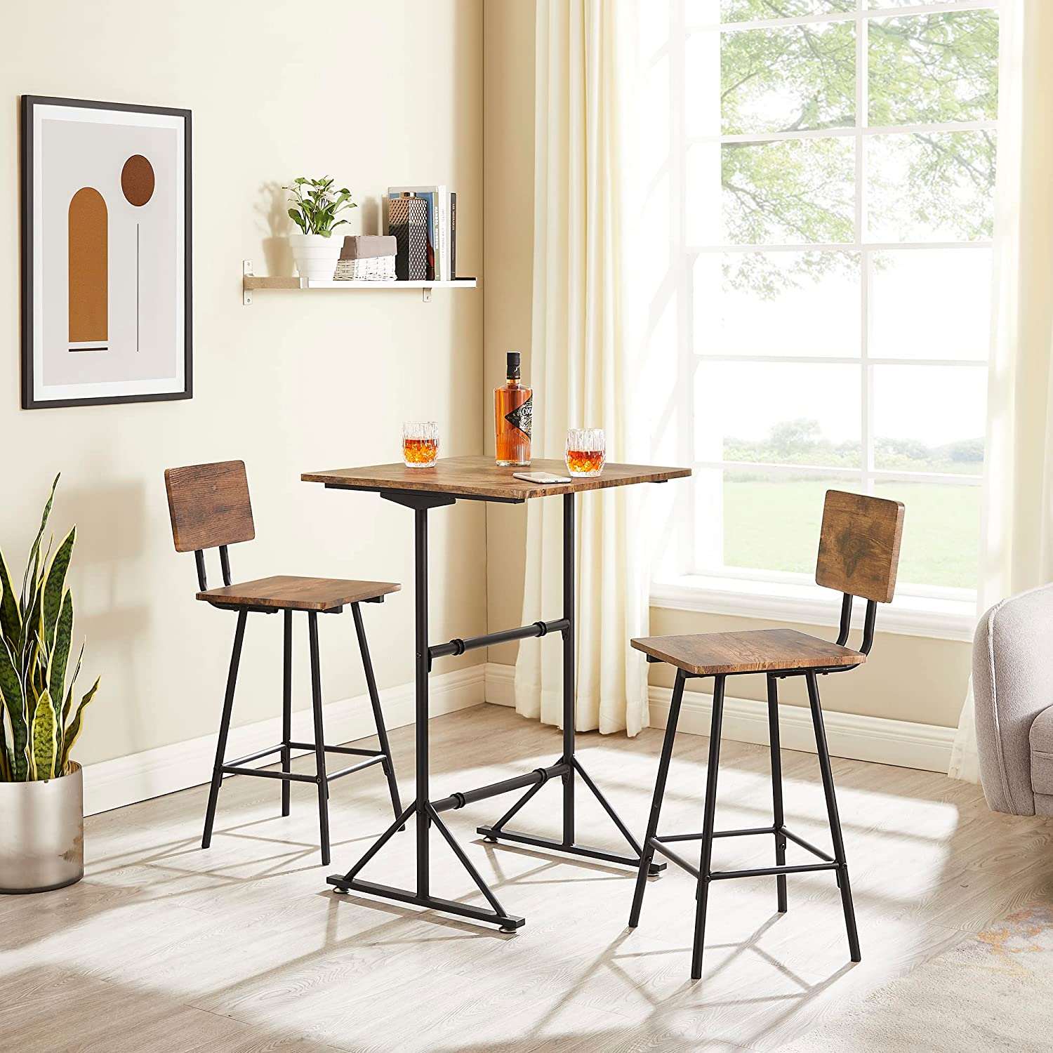 VECELO 3 Piece Bar Table Set, Wood Rectangle Counter Height Dinette with 2 Bistro Stools for Kitchen Breakfast Nook