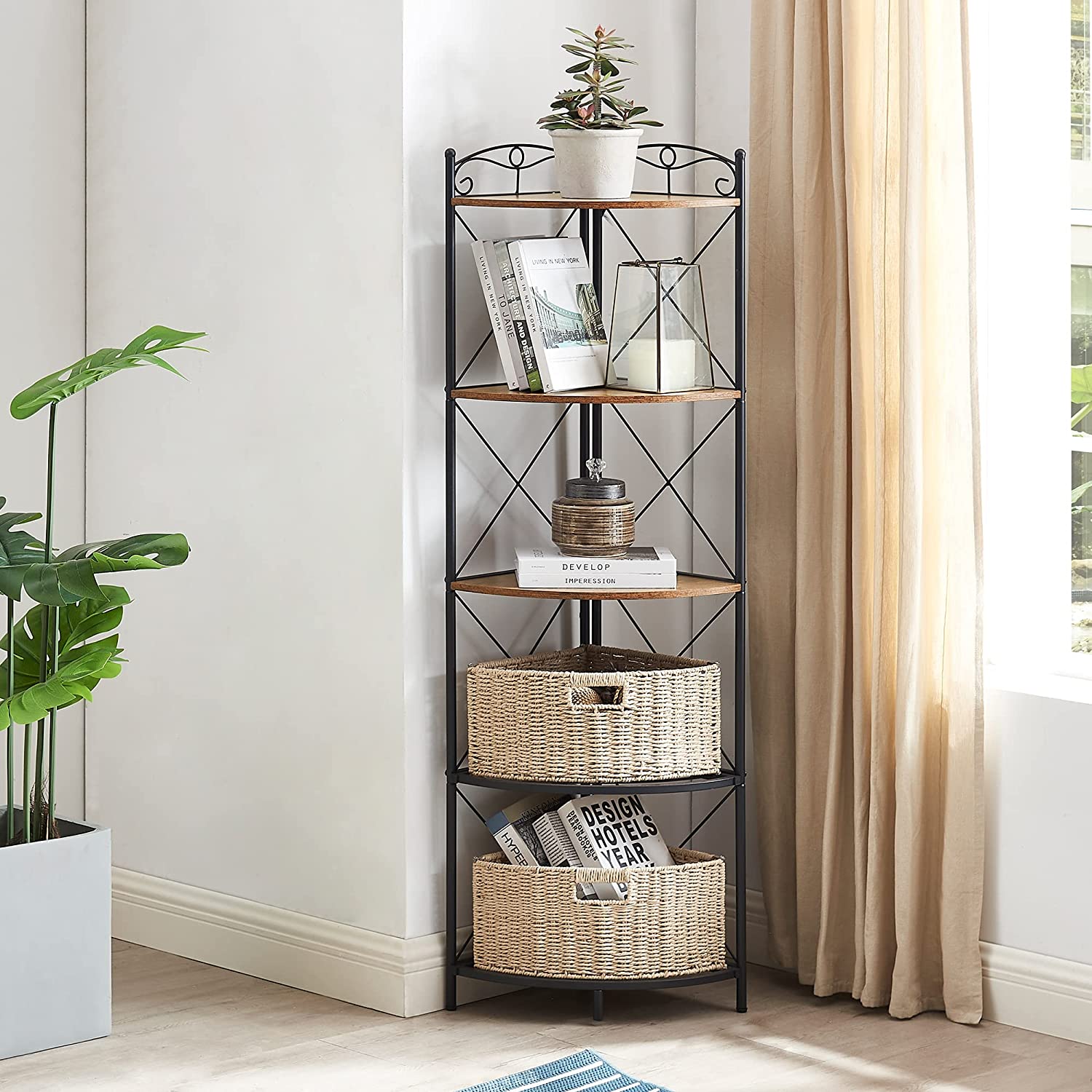 VECELO Corner Shelf, 63 Inch Tall Storage Cabinet, 5-Tier Bookshelf Di