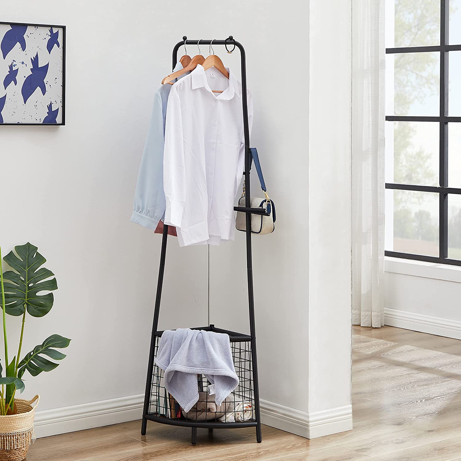 VECELO Freestanding Coat Rack with Metal Basket, Hall Trees with Steel Frame, Space Saving Cloth Hanger