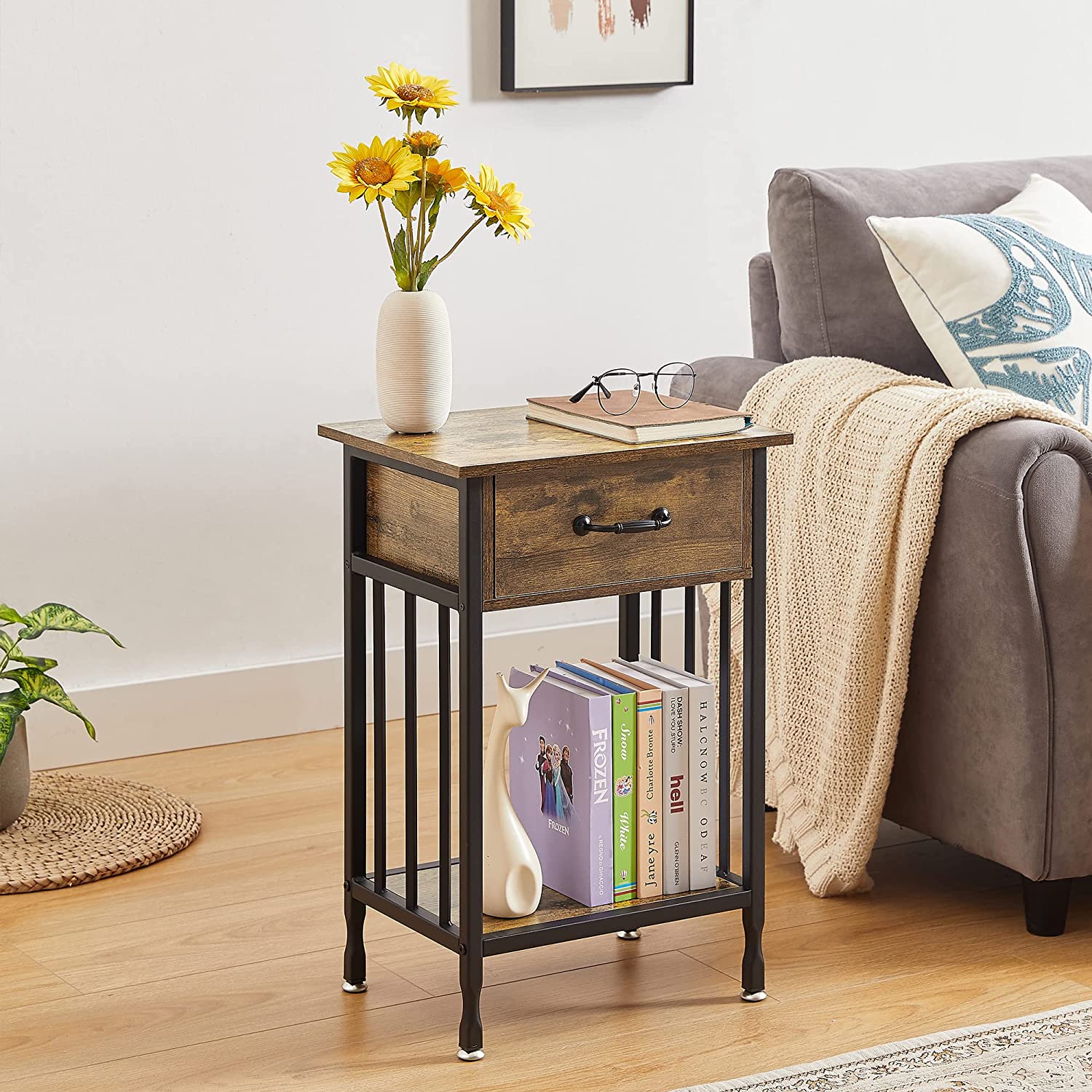 VECELO Industrial End Table,Nightstand with Drawer and Storage Shelf