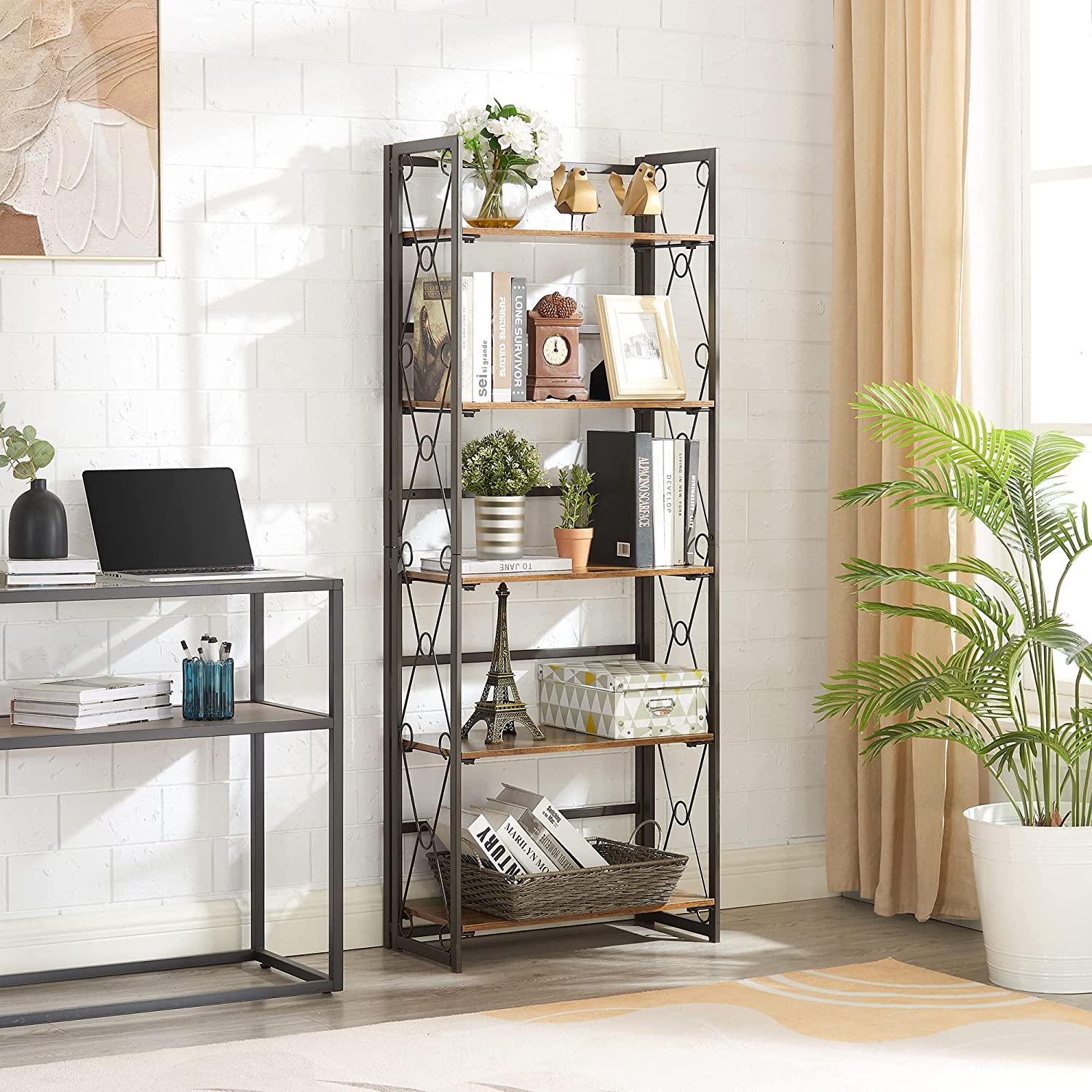 VECELO 5 Shelf Bookcase,No-Assembly Folding-Bookshelf,Industrial Standing Racks Study Organizer with Metal Frame & Wood Layer
