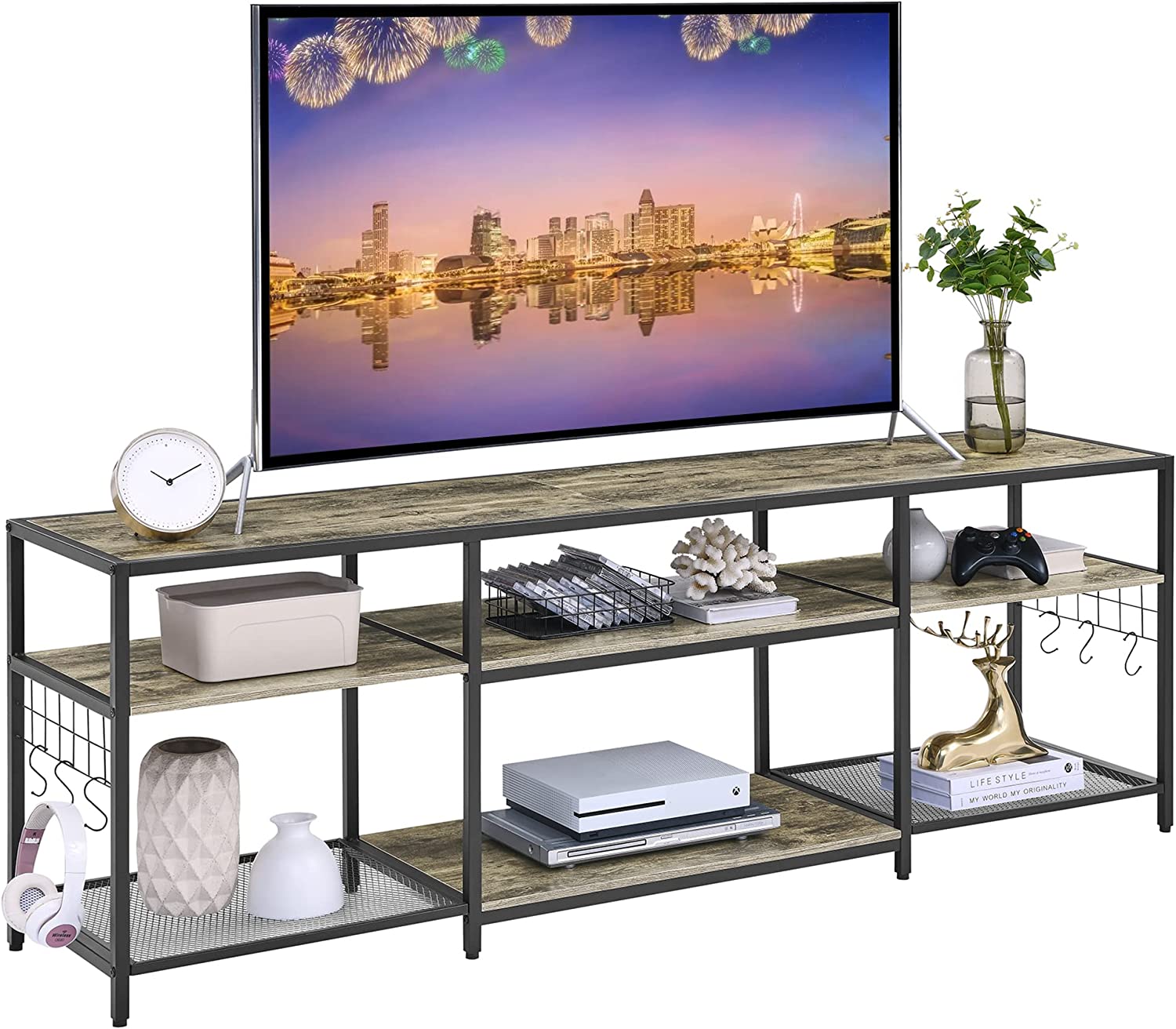 VECELO TV Stand Entertainment Center Media Console with 3-Tier Open Storage Shelves, Cabinet Table for Living Room Brown
