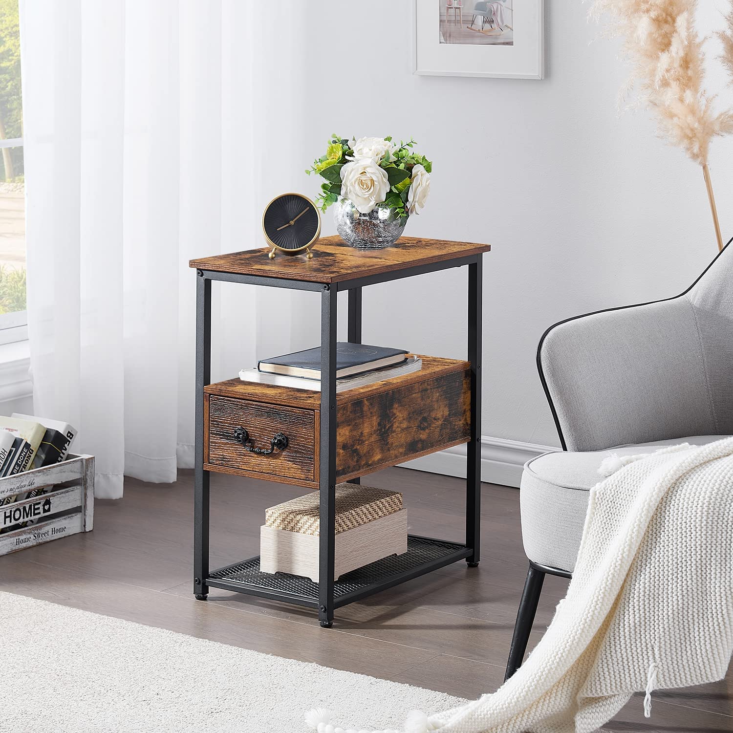 VECELO Tall End/Side Table Modern Narrow Nightstand with Drawer for Bedroom Office Sofa Couch