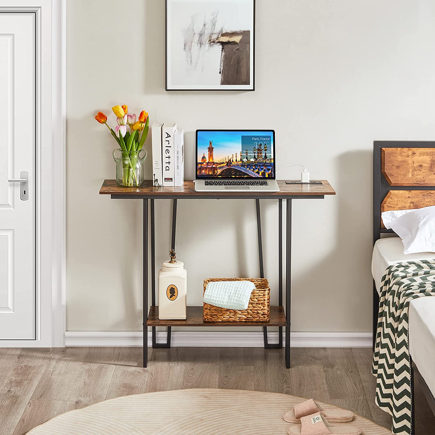VECELO Couch Side & Console Table with 2 Outlets & 2 USB Ports