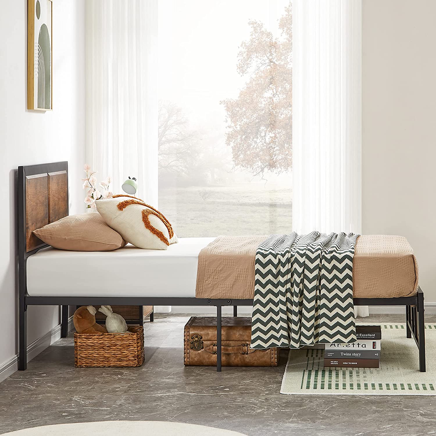 VECELO Platform Bed Frame/Mattress Foundation with Rustic Vintage Wood Headboard