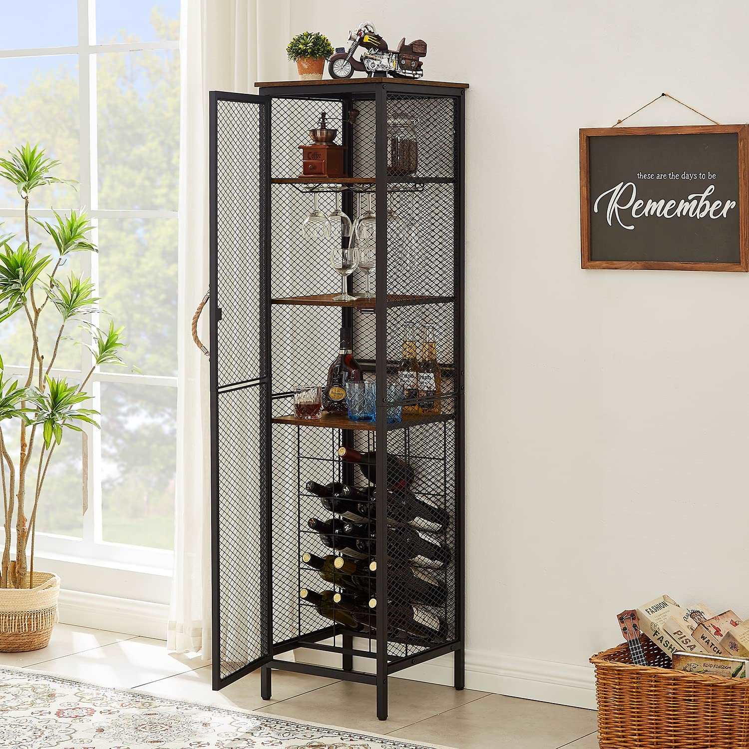 VECELO 3 tier Industrial Wine Bar Rack Storage Cabinet for Liquor and Glasses Holder Dishes