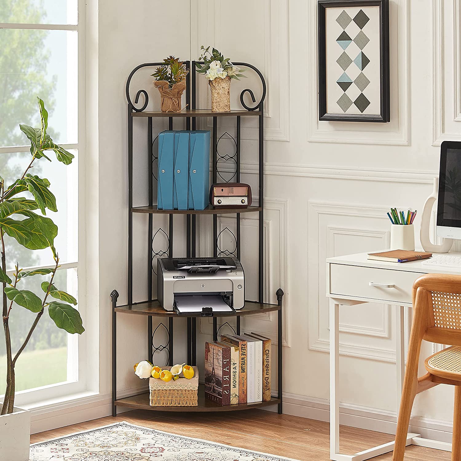 VECELO 4-Tier Ladder Corner Shelf with Metal Frame, Multipurpose Bookshelf Bookcase, Plant Stand & Storage Display Shelves for Living Room, Bedroom, Office