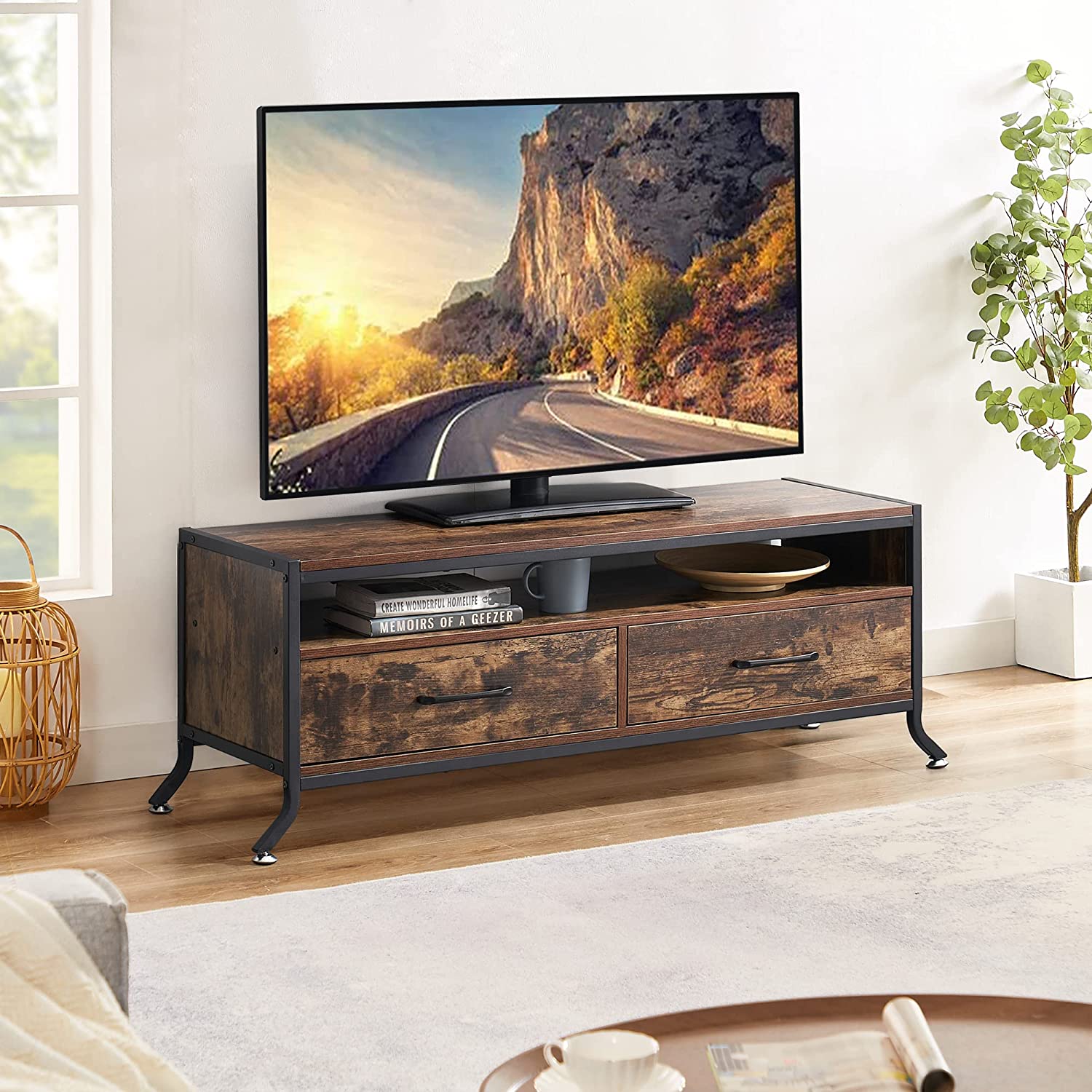 VECELO Industrial TV Stand/Television Cabinet/Coffee Table with Open Storage Console & Two Drawers