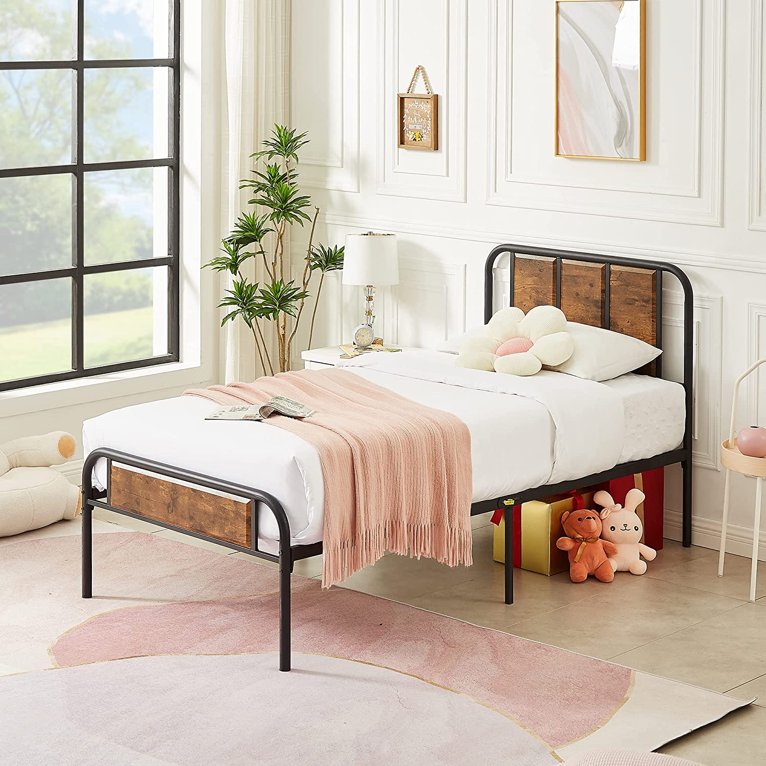 VECELO Bed Frame Metal Platform with Wooden Headboard Footboard Heavy Duty Mattress Foundation - VECELO