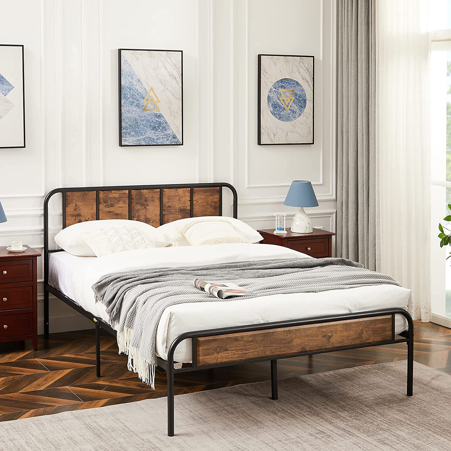 VECELO Bed Frame Metal Platform with Wooden Headboard Footboard Heavy Duty Mattress Foundation - VECELO