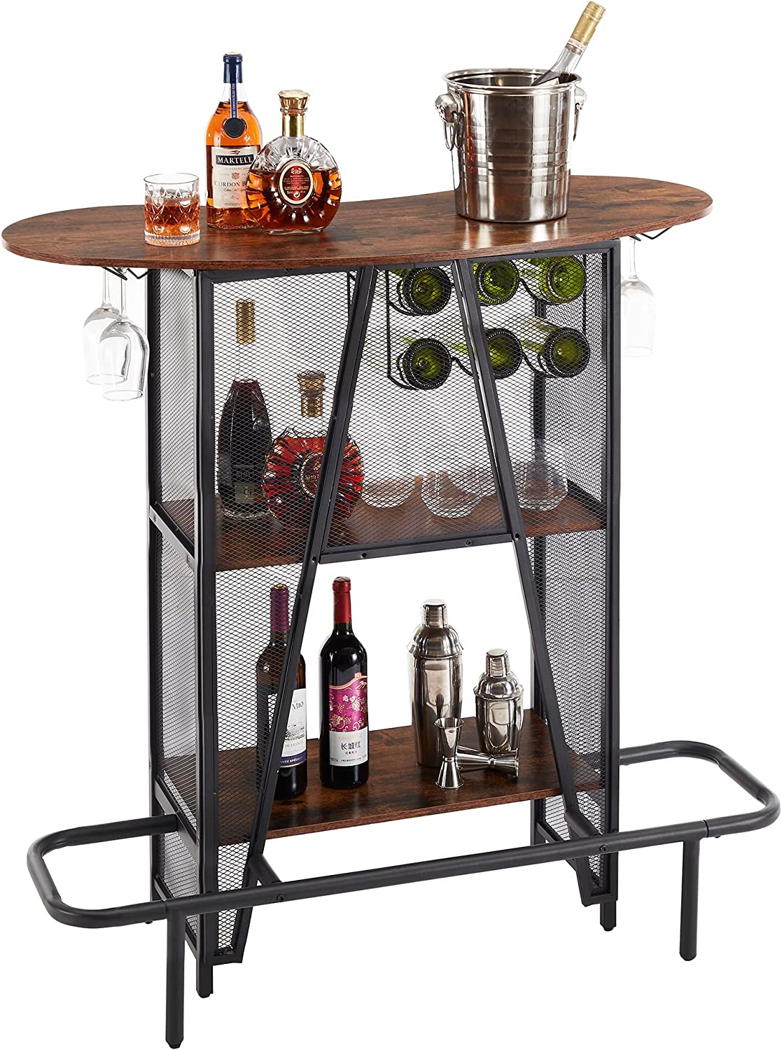 VECELO Bar Unit with Metal Mesh Front, 3-Tier Wine Rack Table with Glasses Holder