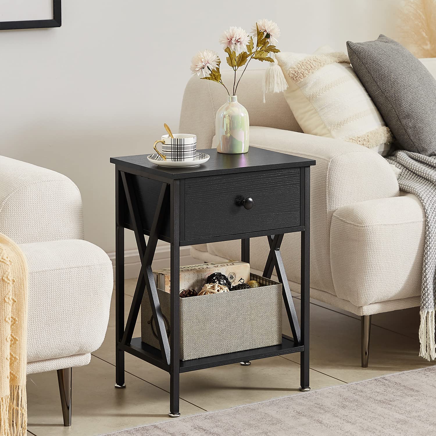VECELO Versatile Nightstands X-Design Side End Table with Bin Drawer for Living Room Bedroom