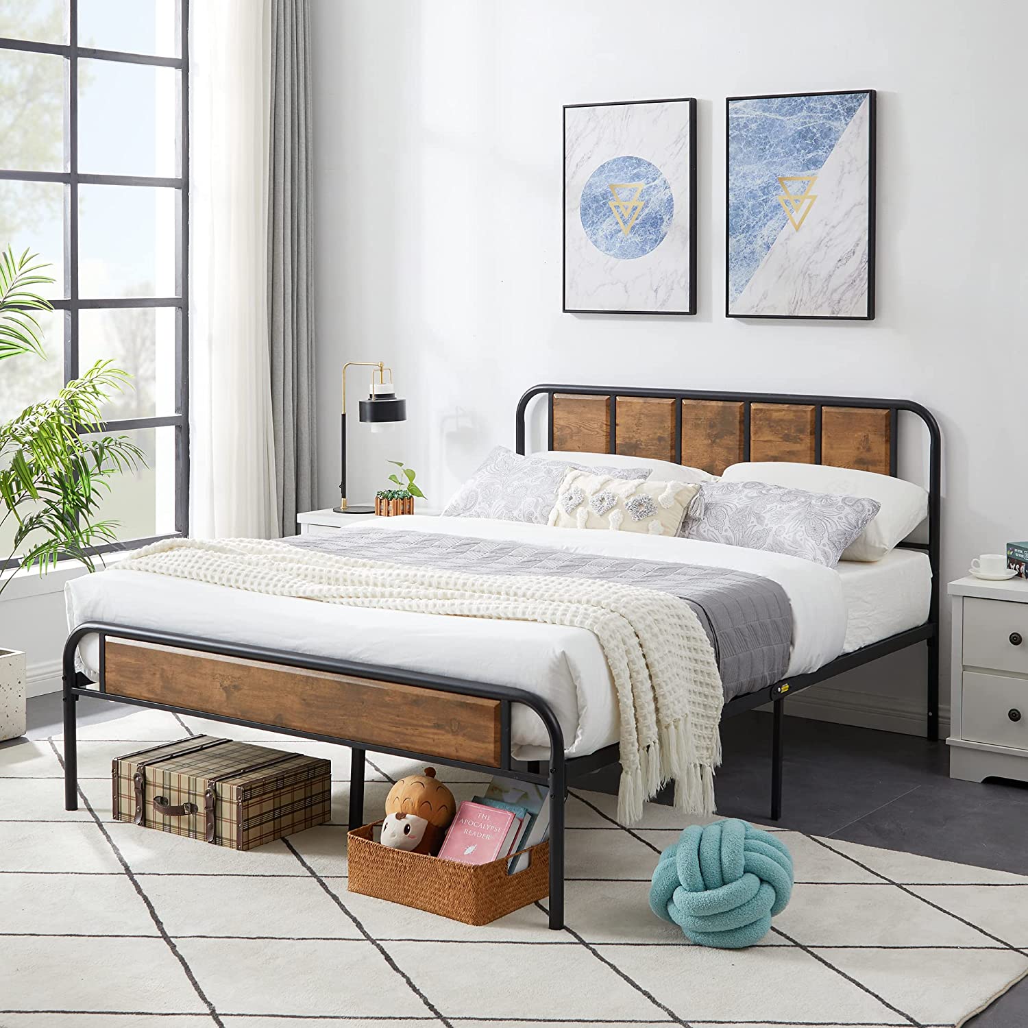 VECELO Bed Frame Metal Platform with Wooden Headboard Footboard Heavy Duty Mattress Foundation - VECELO