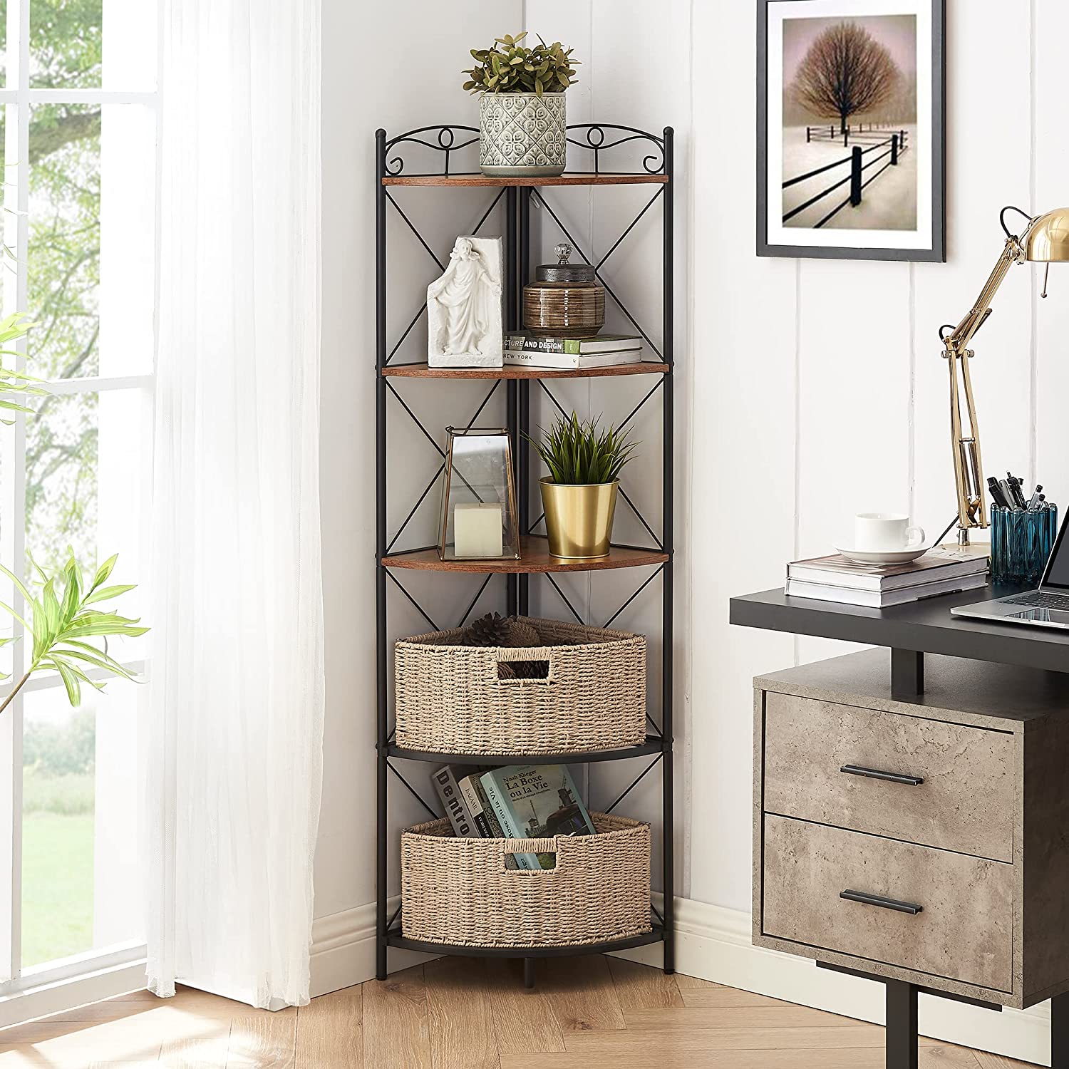 VECELO Corner Storage Cabinet with Wooden Shelves Free-Standing Organizer for Compact Space in Living Room/Bedroom/Entryway/Kitchen, 5 Tier with 2 Baskets
