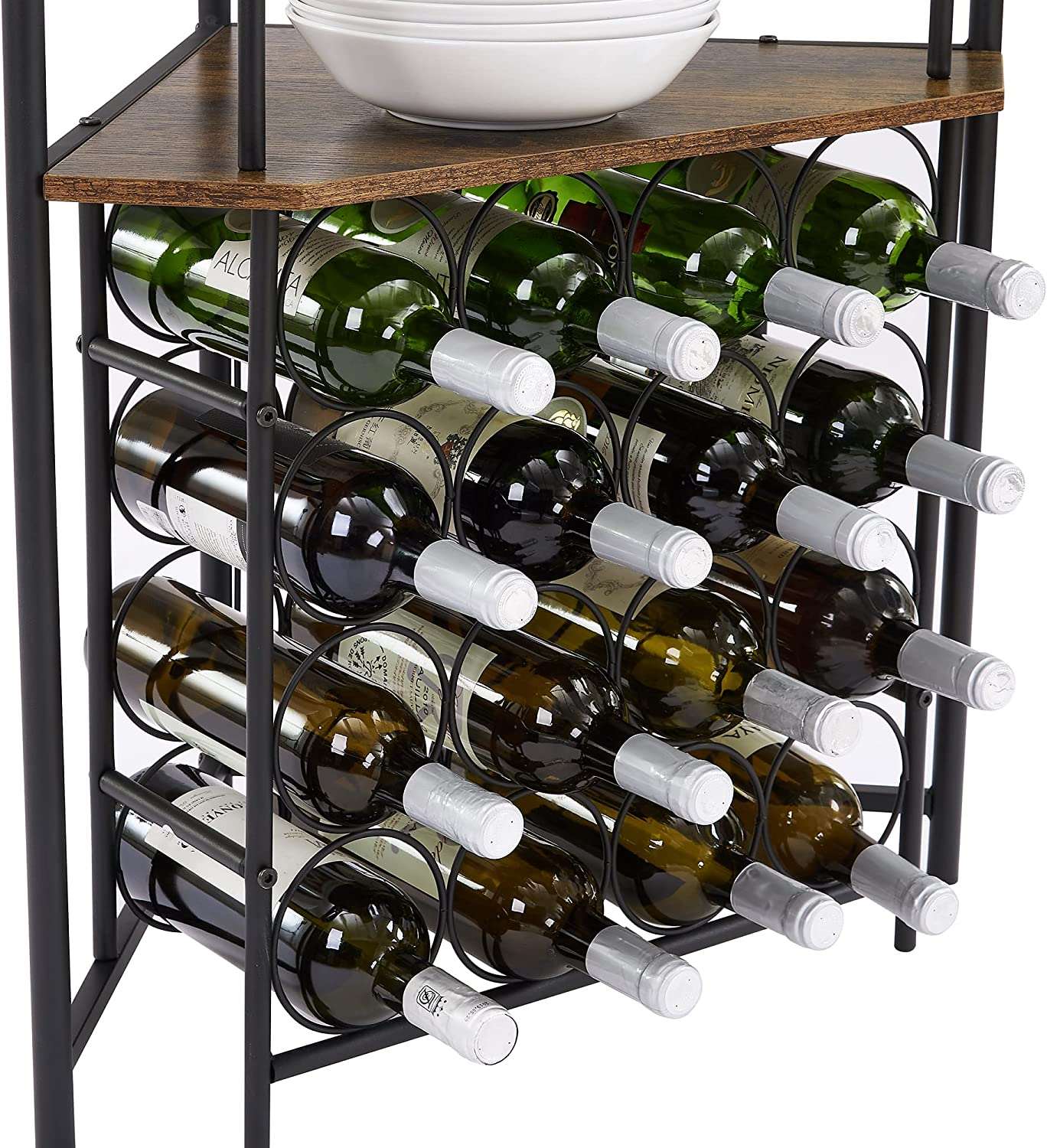 VECELO 3-Tier Corner Wine Rack Freestanding Floor with Glass Holder, 16 Bottles Wooden Cabinet Storage Display Shelf for Kitchen