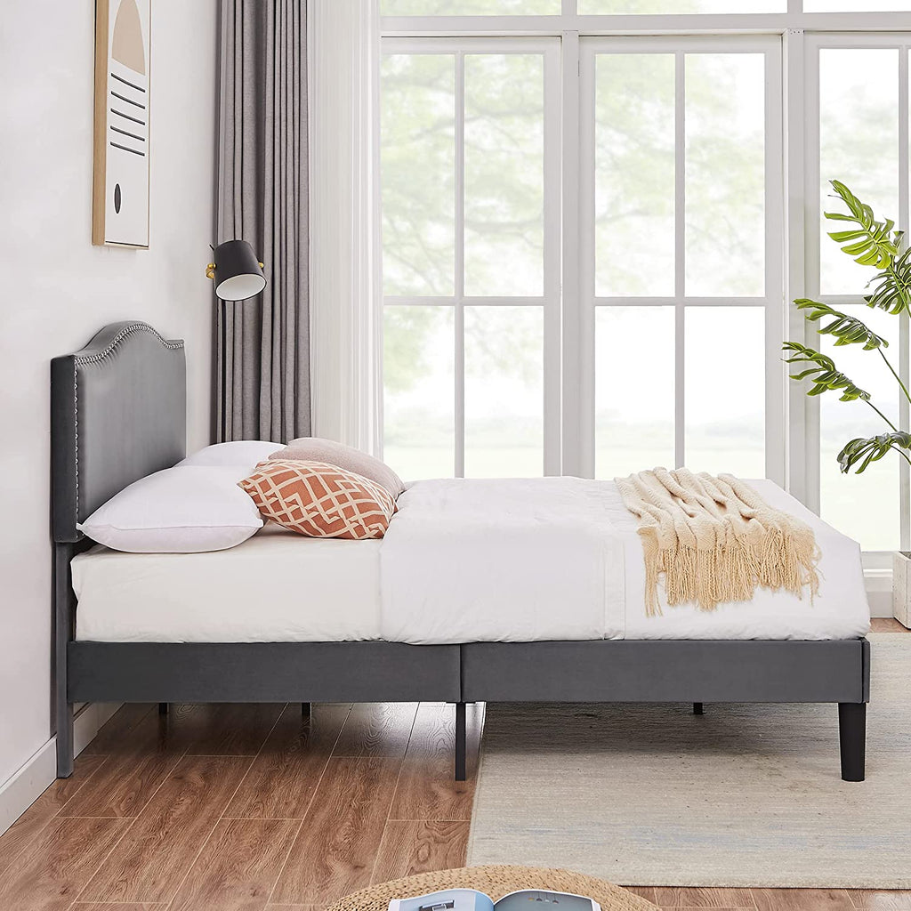 VECELO Bed Frame Platform with Upholstered Headboard & Wooden Slats Su