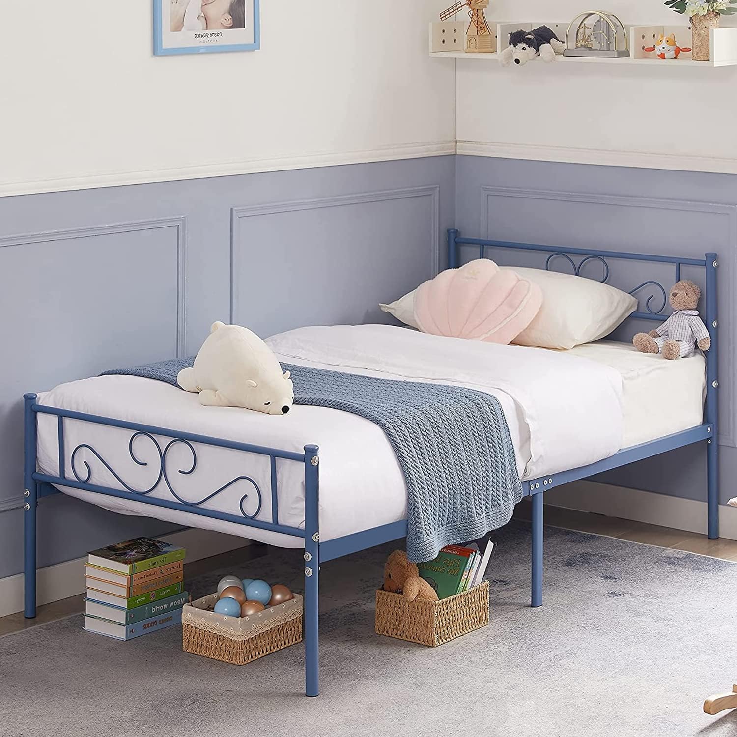 VECELO Sky Blue Twin size Metal Platform Bed Frame, Mattress Foundation with Headboard & Footboard