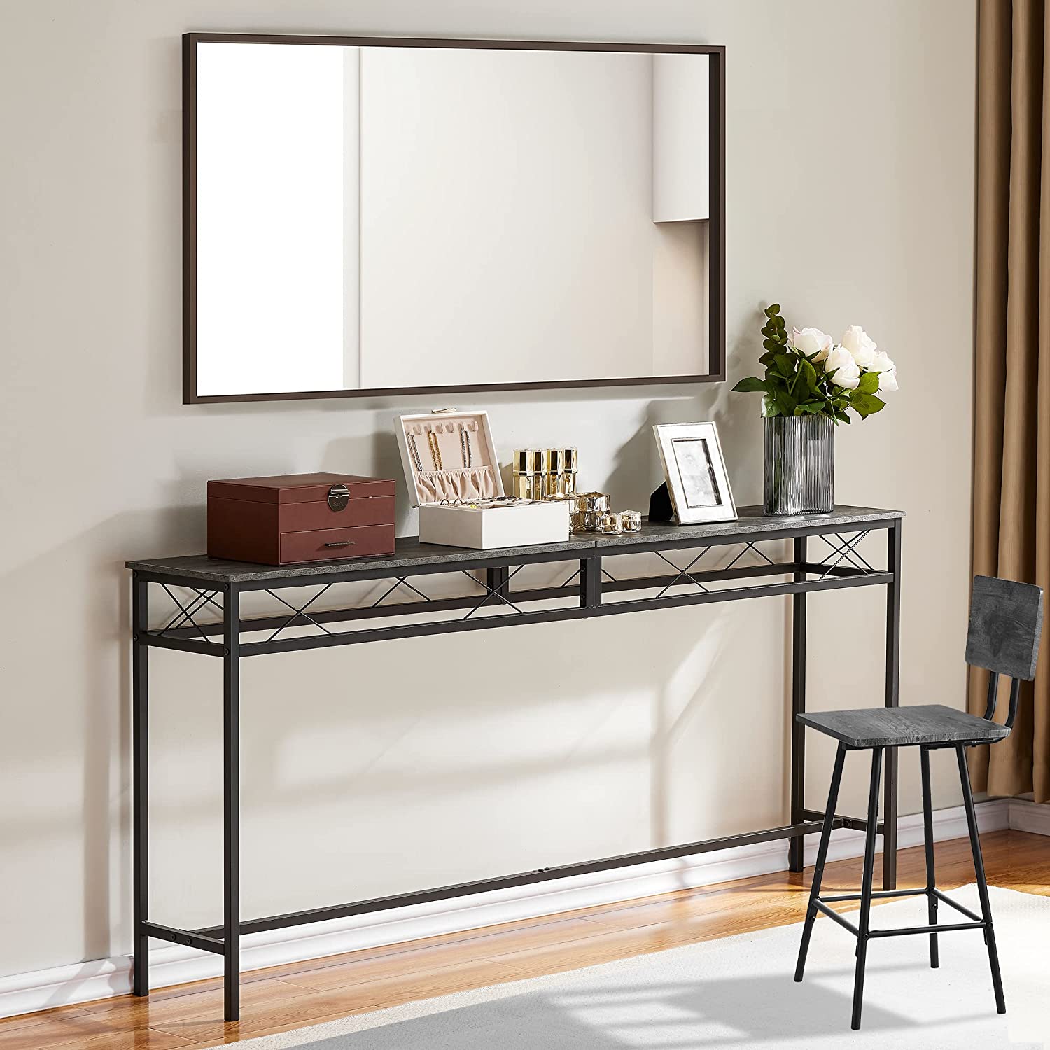 VECELO Extra Long Narrow Sofa/Console Table with Charging Station & Power Outlet and USB Ports, for Entryway