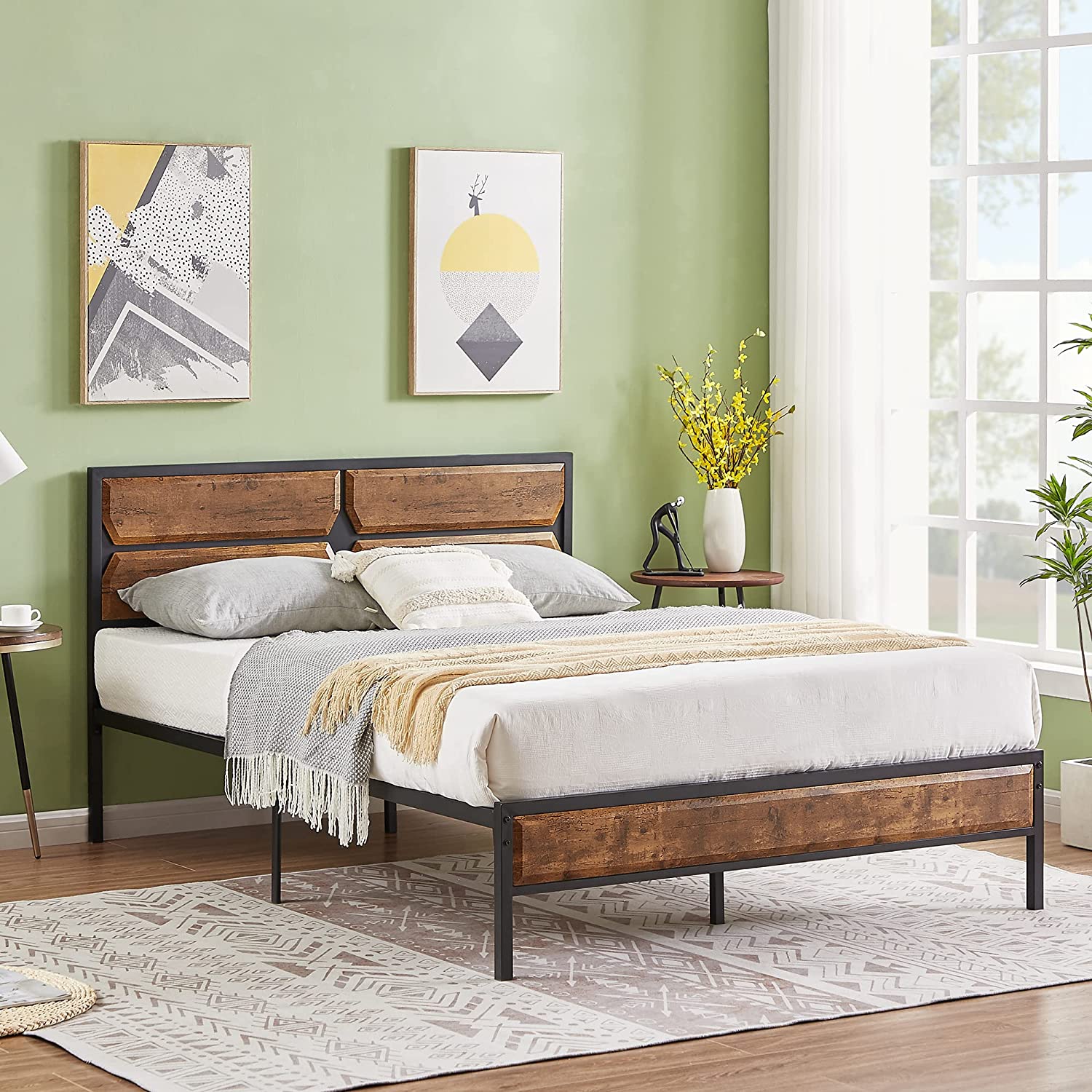 VECELO Metal Bed Frame Platform with Wooden Headboard&Footboard Mattress Foundation