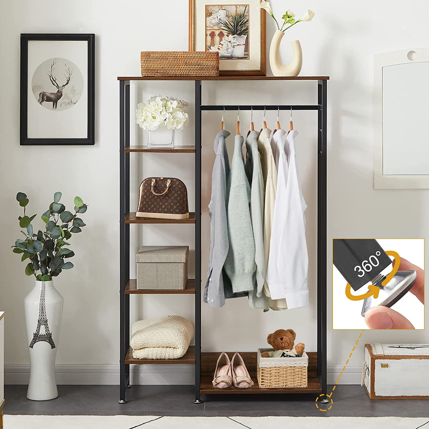 VECELO Open Garment Clothing Rack, Free-Standing Heavy Duty Storage Closet with 5 Shelves and Hanging Rod