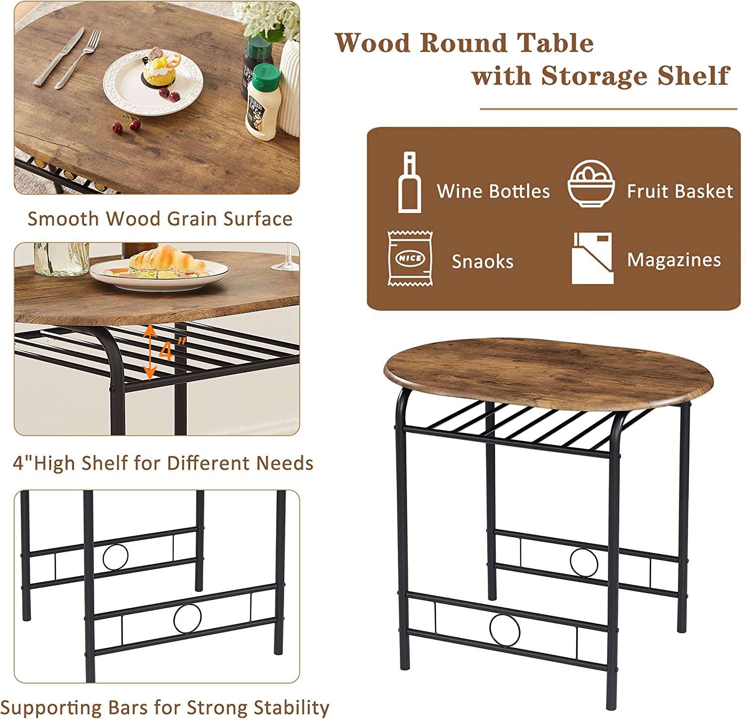 VECELO 3 Piece Small Round Dining Table Set for Kitchen Breakfast Nook, Wood Grain Tabletop with Wine Storage Rack
