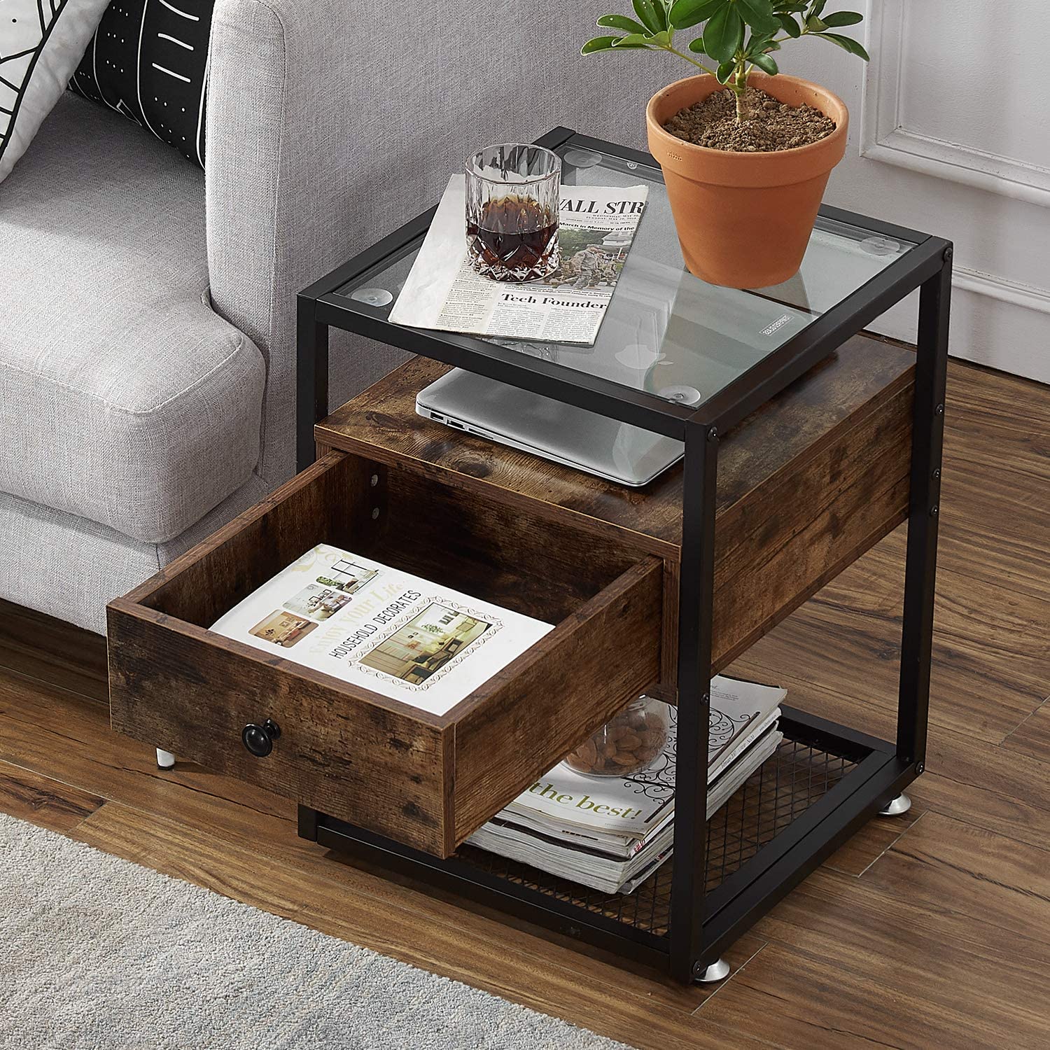 Tempered Glass End Side &Sofa Table with Drawer