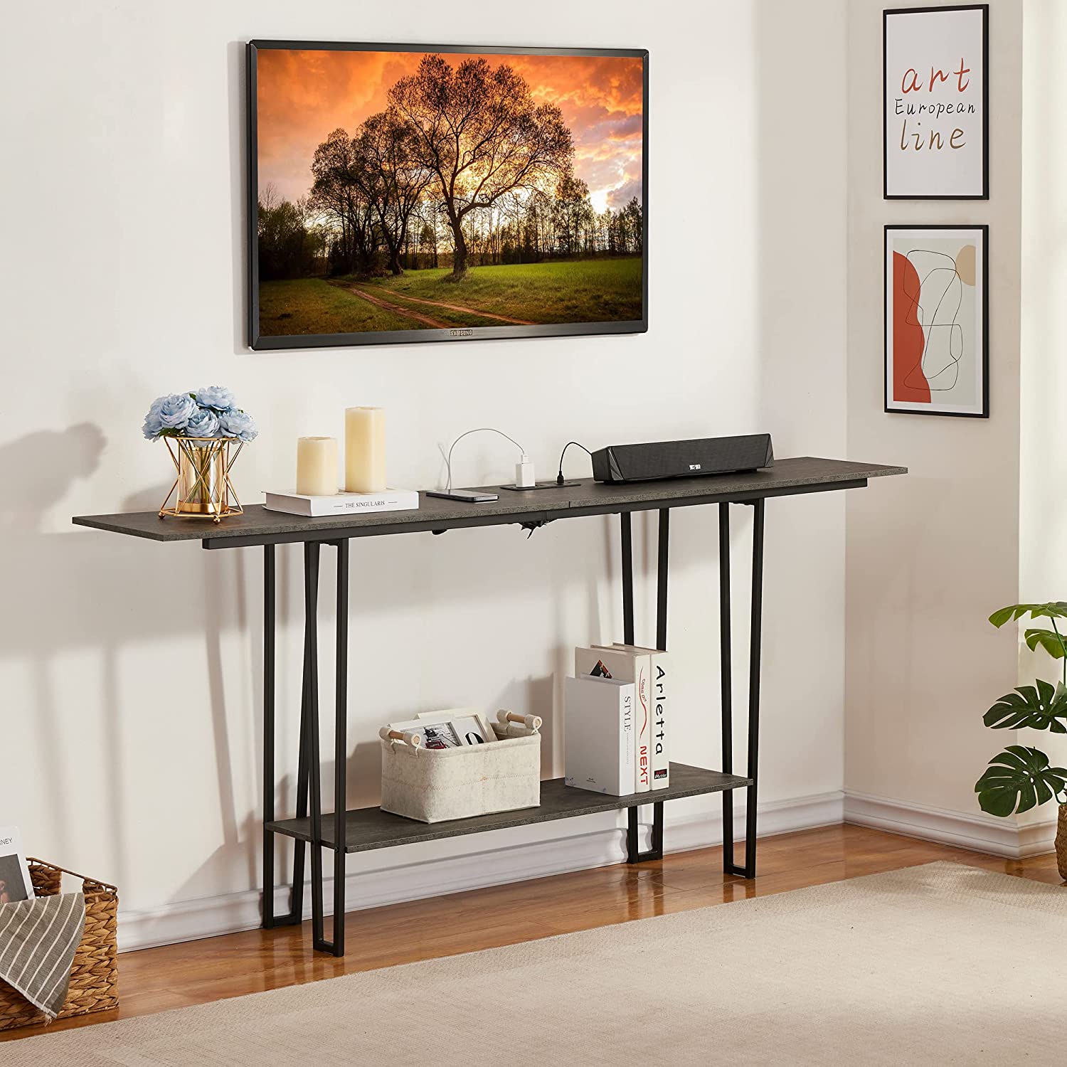 VECELO Narrow Console Table Behind Sofa Couch with Metal Frame and Buffle, Couch Side & Console Table with 2 Outlets and USB Ports, Narrow Entryway Furniture