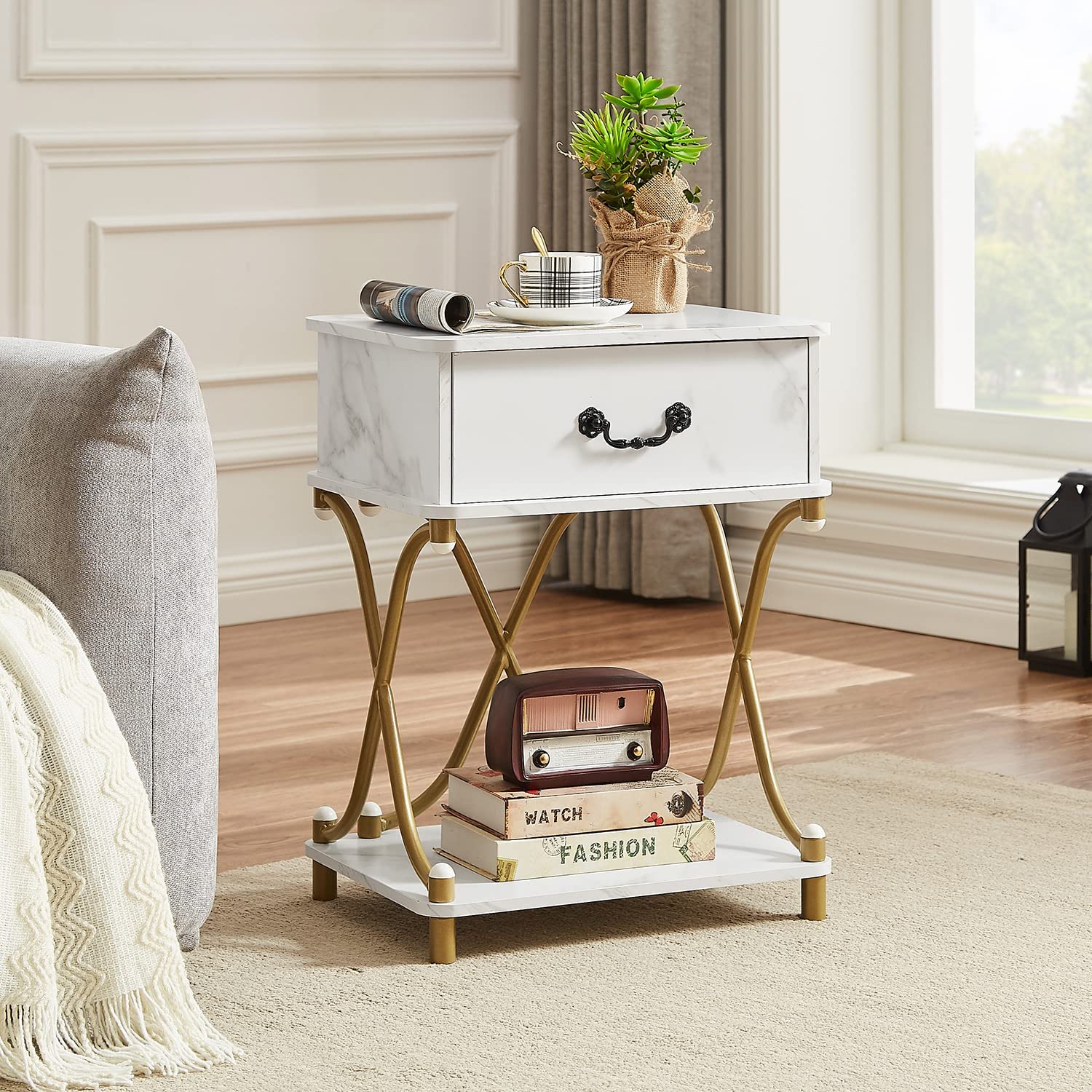 VECELO Nightstand/End Side Table with Storage & Open Shelf and drawer for Living Room,Bedroom