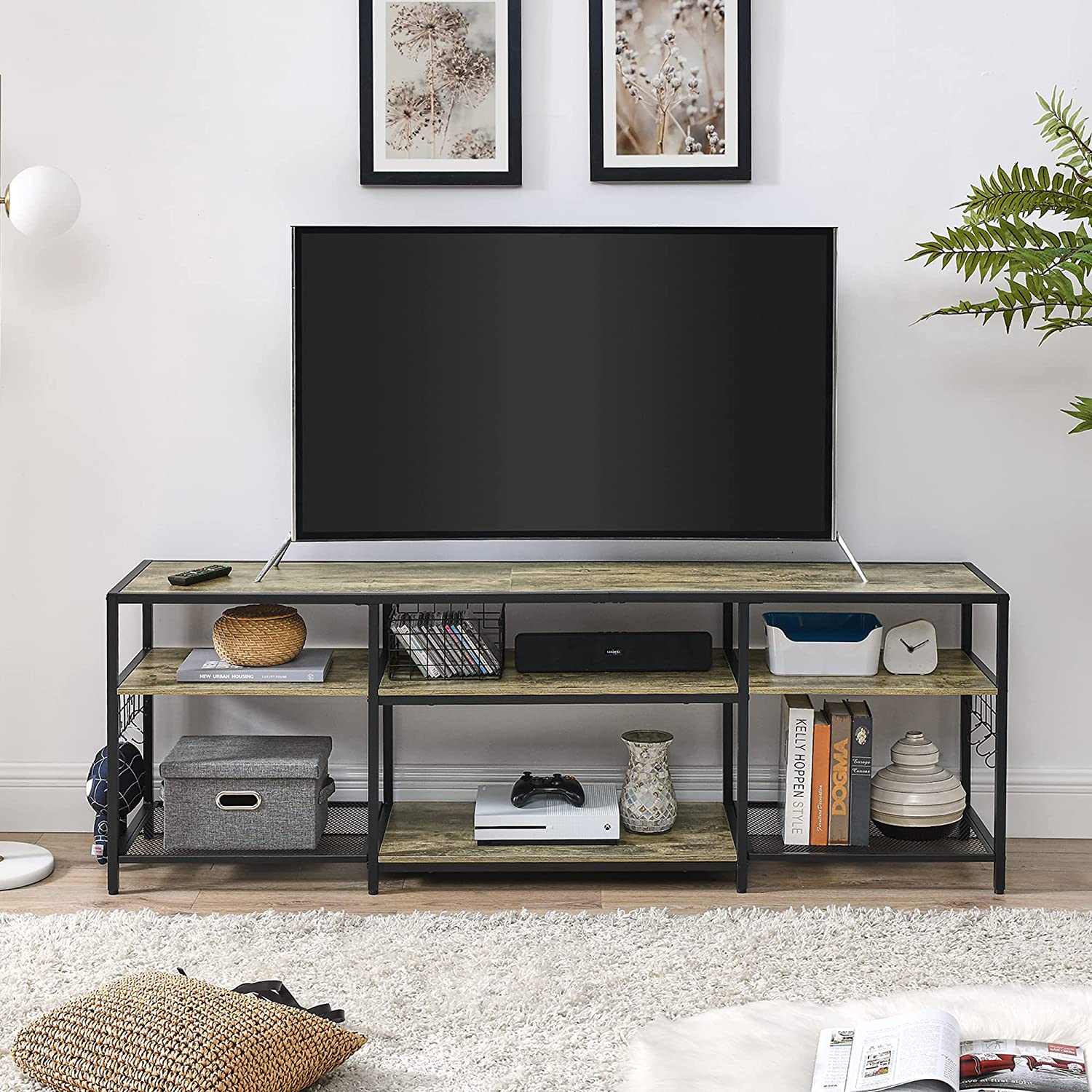 VECELO TV Stand Entertainment Center Media Console with 3-Tier Open Storage Shelves, Cabinet Table with Metal Frame for Living Grey