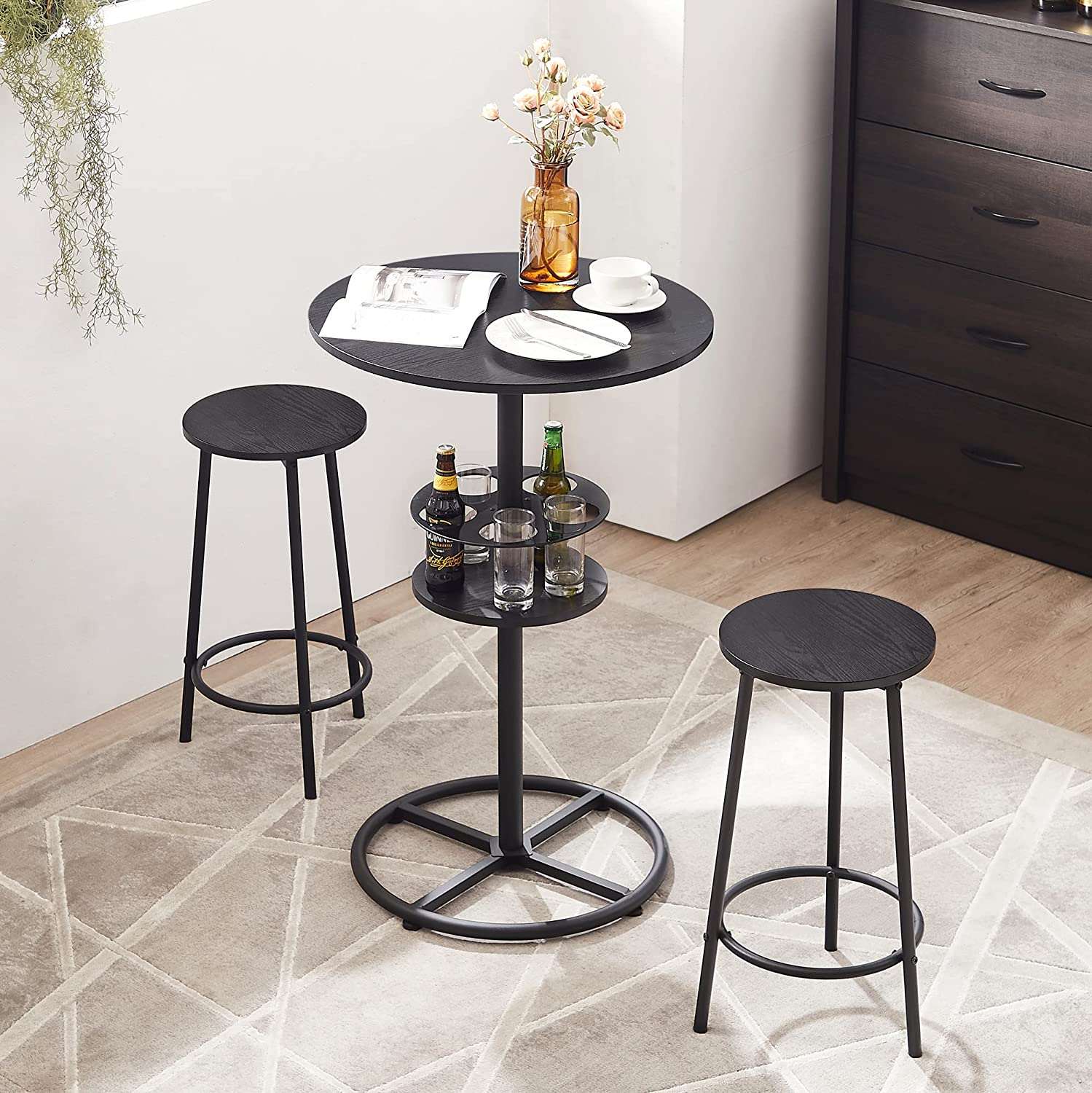 VECELO 3 Piece Bar Dining Set, Small 2-Tier Round Pub Table with Barstools, Kitchen Counter Height Wood Top Bistro for Breakfast Nook