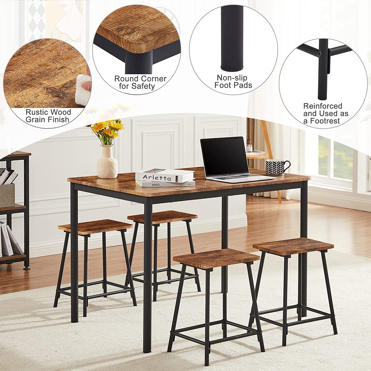 VECELO 5-Piece Dining Table Set Rectangular Bar Dinette Metal and Wood Kitchen Furniture with 4 Stools