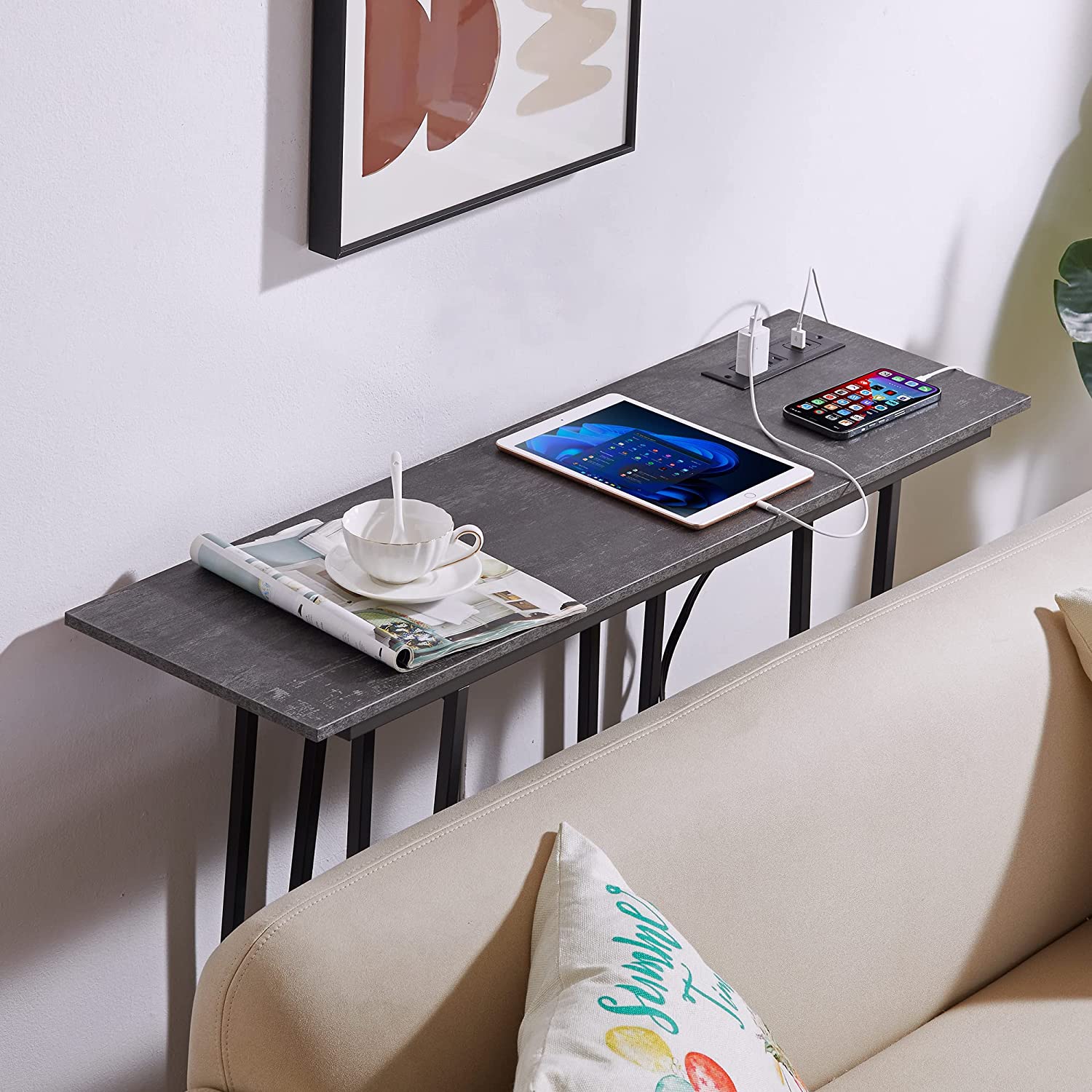 VECELO Couch Side & Console Table with 2 Outlets & 2 USB Ports