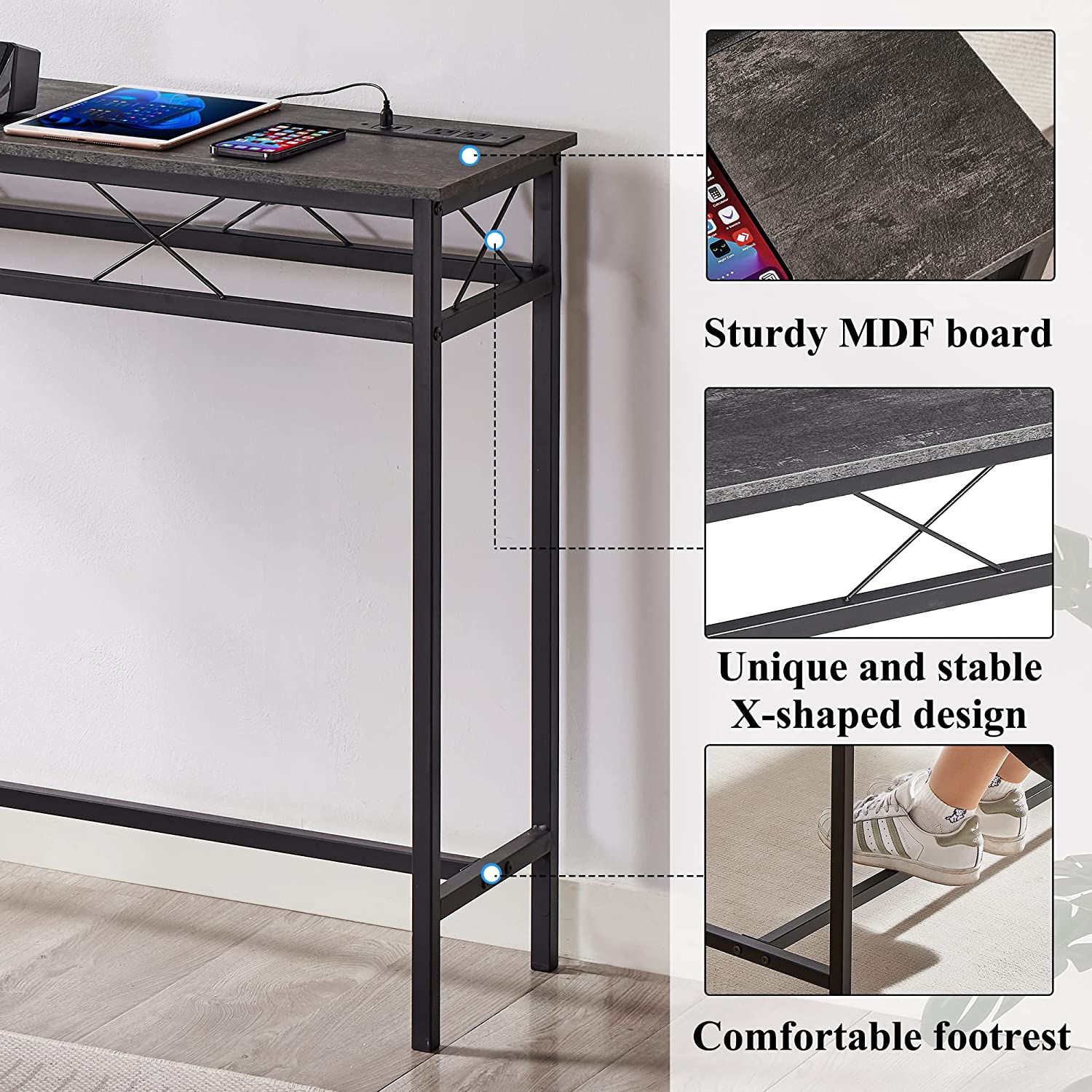 VECELO Extra Long Narrow Sofa/Console Table with Charging Station & Power Outlet and USB Ports, for Entryway