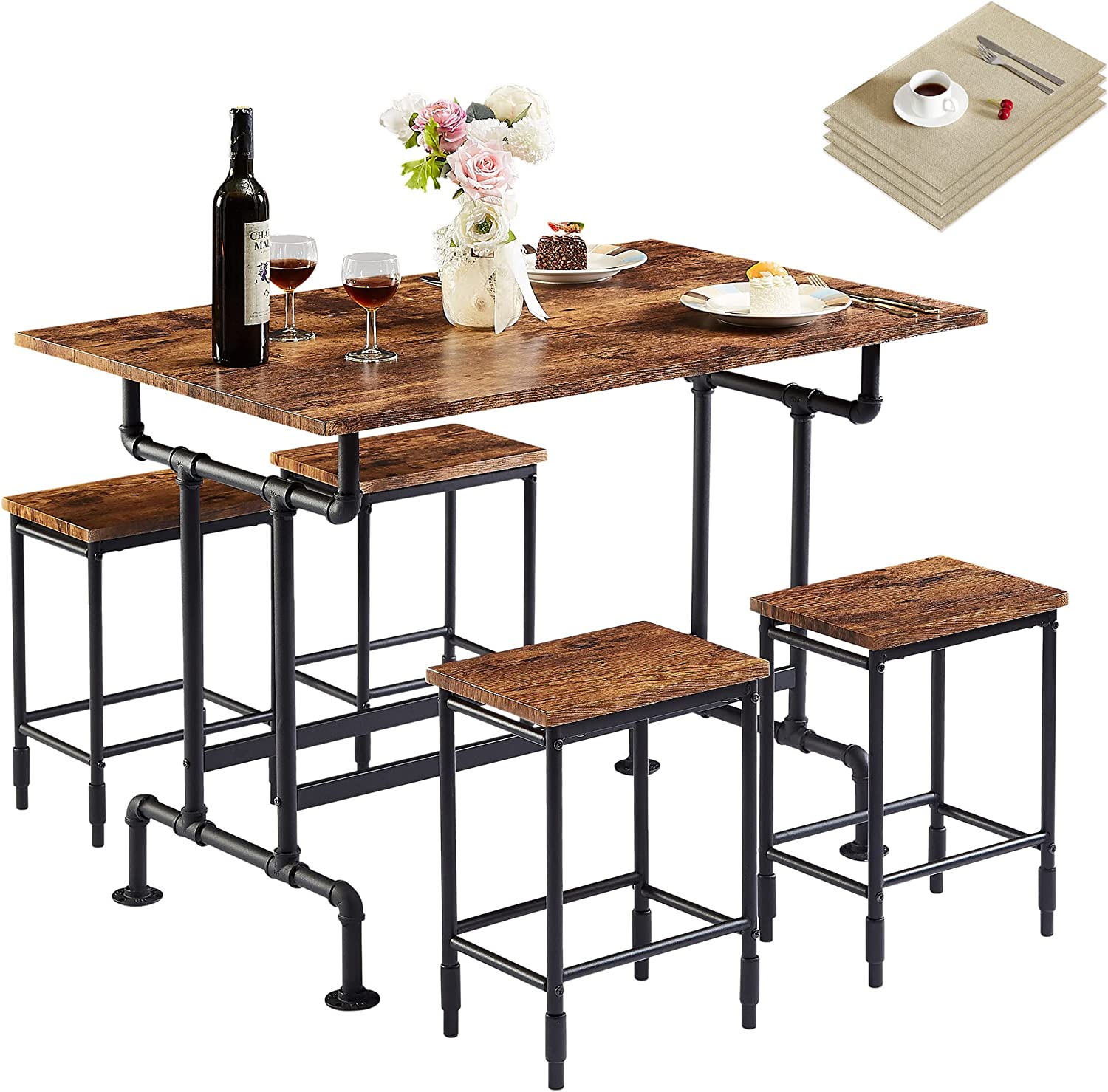 VECELO Farmhouse Dining Table Set for 4 Kitchen Industrial Bar Dinette with Rectangular Tabletop