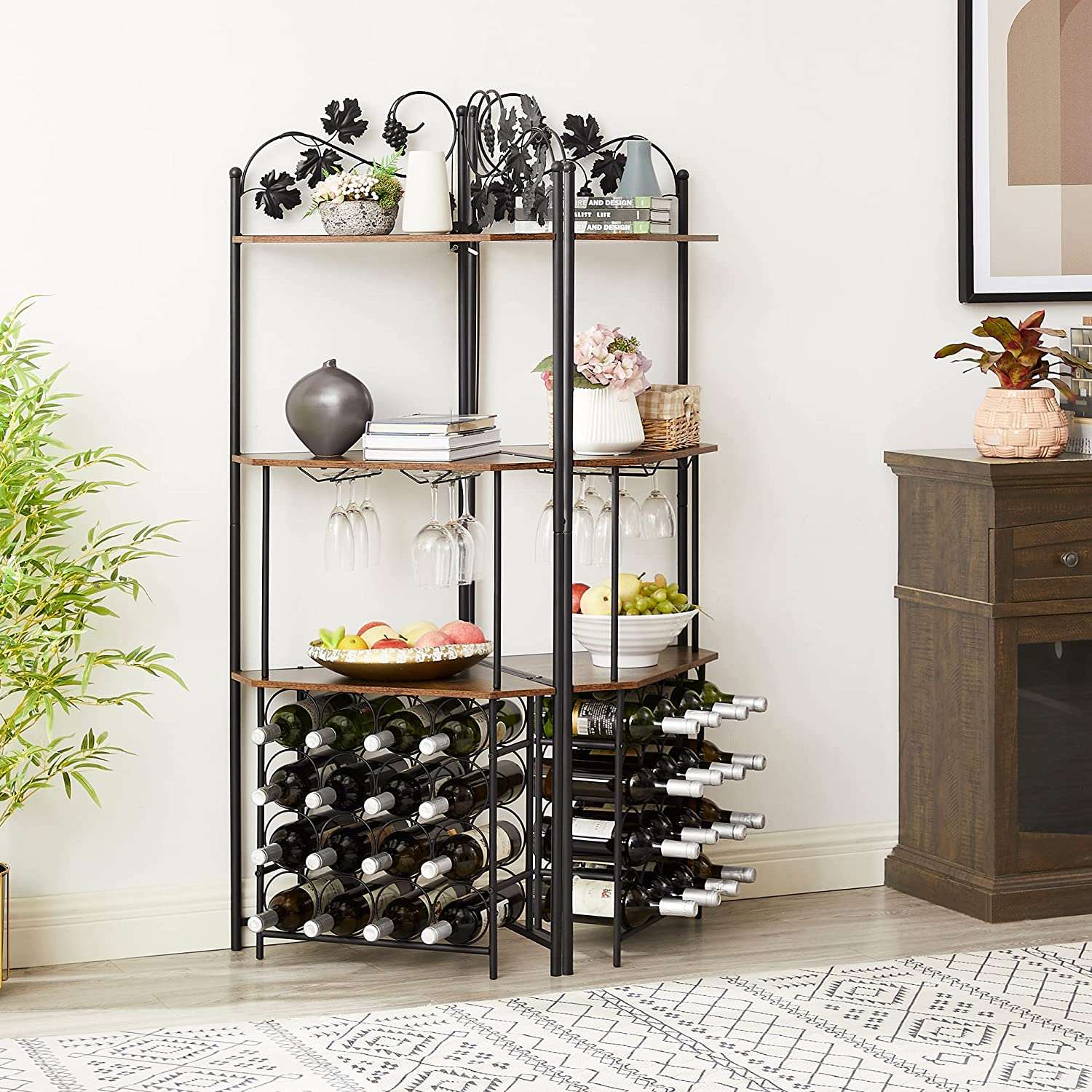 VECELO 3-Tier Corner Wine Rack Freestanding Floor with Glass Holder, 16 Bottles Wooden Cabinet Storage Display Shelf for Kitchen
