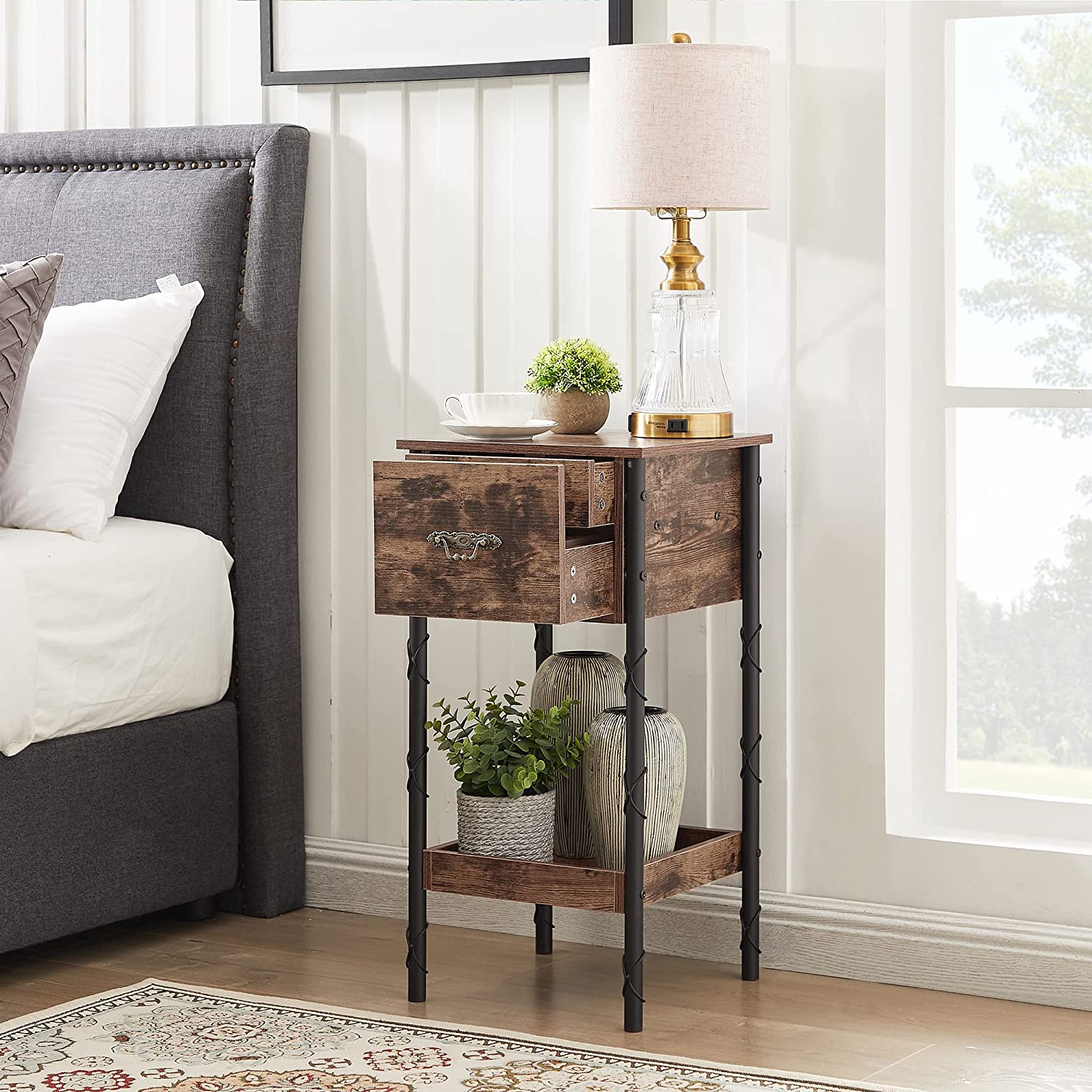 Narrow End Table/Nightstand with Drawer and Storage Shelf 