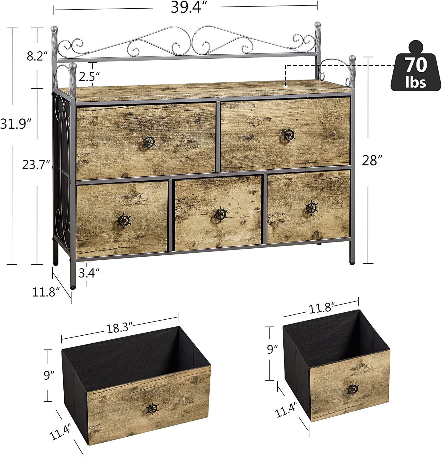 VECELO Dresser for Bedroom with 5 Drawers, Storage Organizer Unit with Shelf for Closet, Living Room