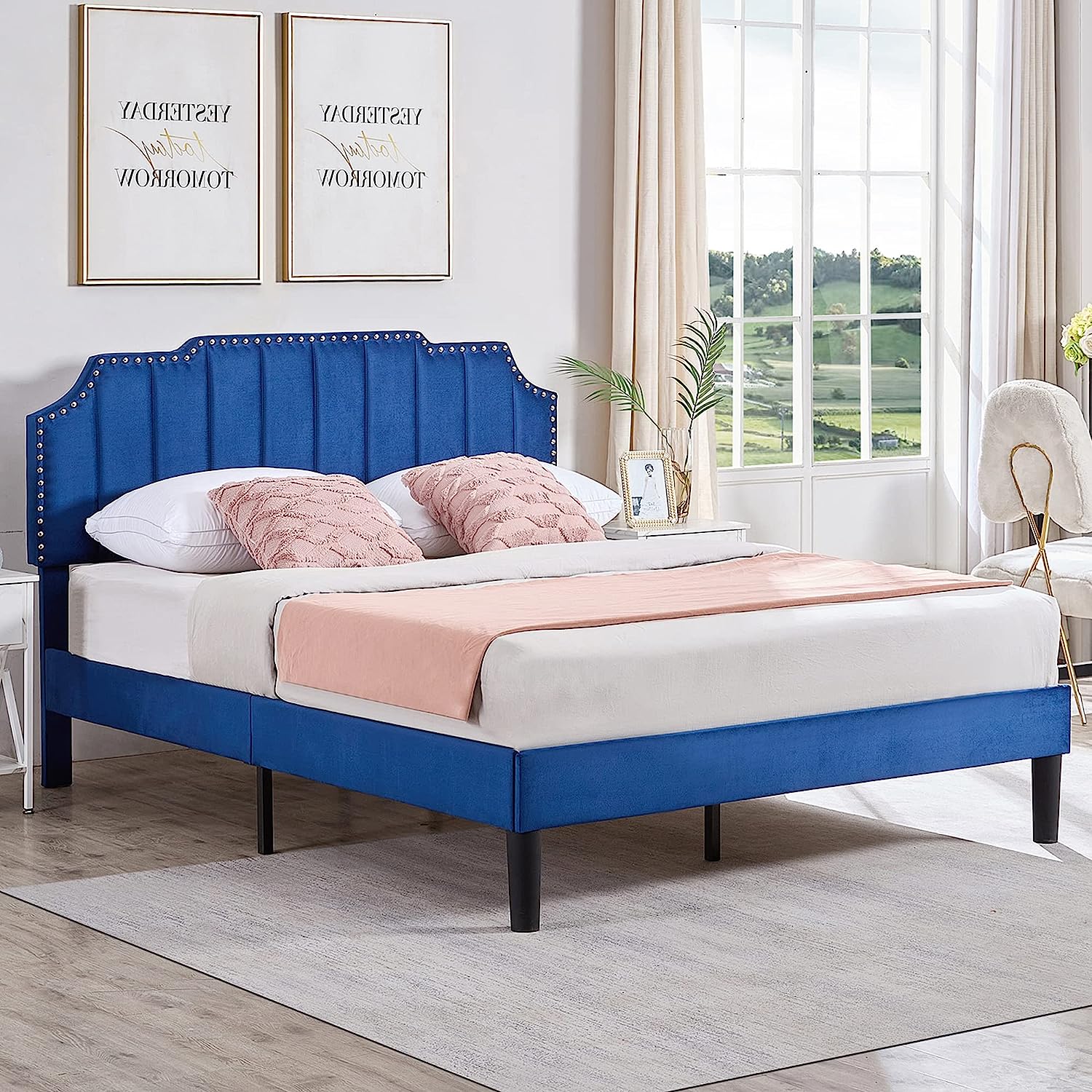 Upholstered Platform Bed Frame with Tufted Adjustable Headboard