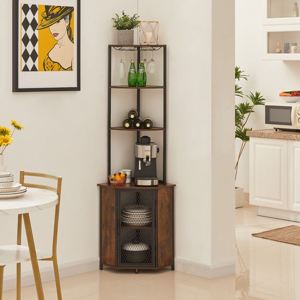VECELO 5-Tier Corner Shelf/Corner Bookshelf with Storage Cabinet for L