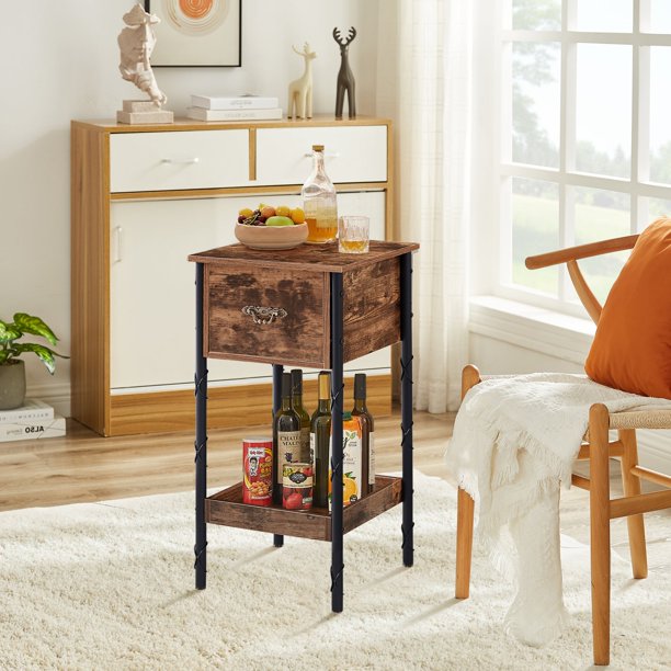VECELO Vintage Narrow End Table/Nightstand with Drawer and Storage Shelf for Bedroom, living room