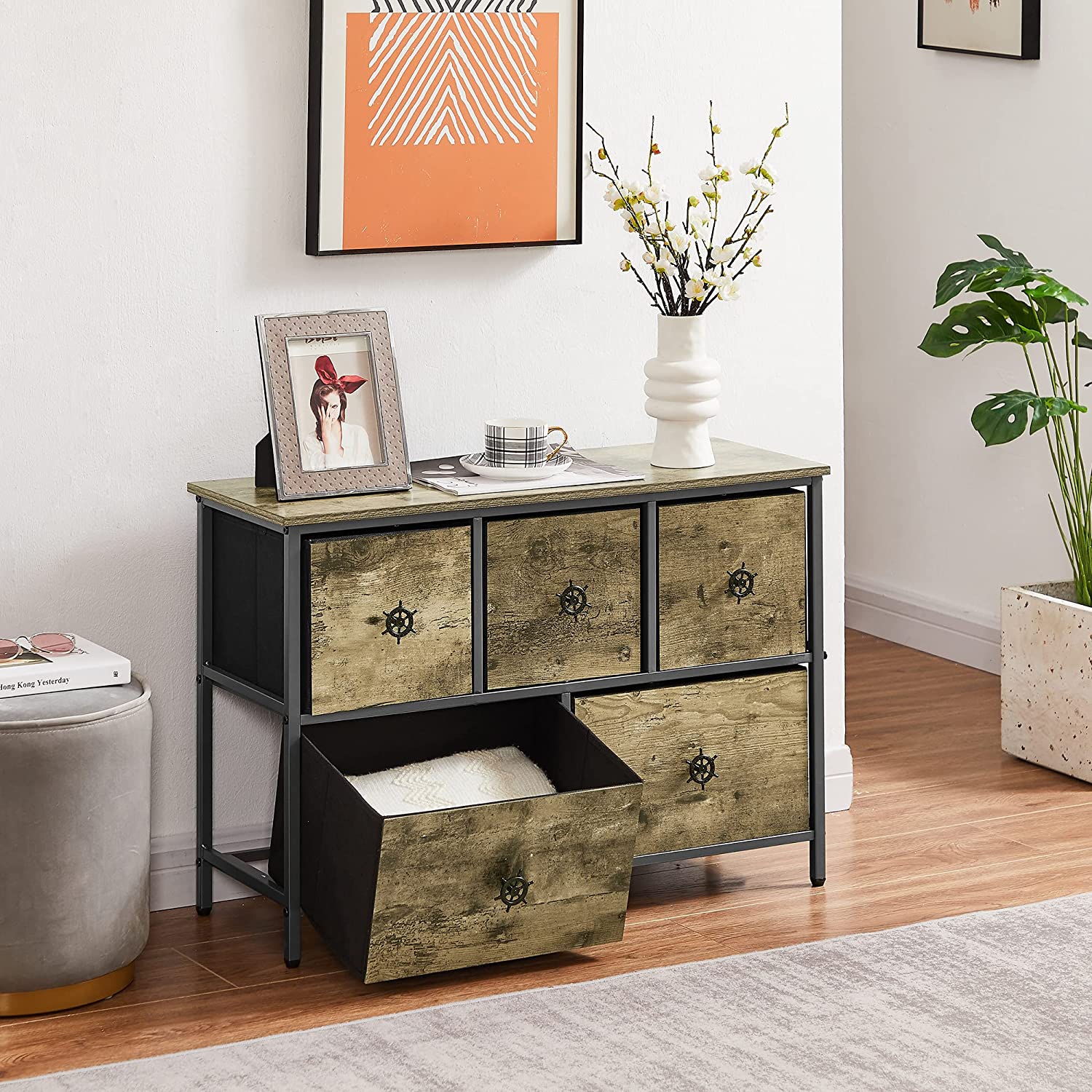VECELO Dresser for Bedroom with 5 Fabric Drawers, Clothes Cabinet Storage Organizers and Wood Top Surface Table for Living Room, Hallway