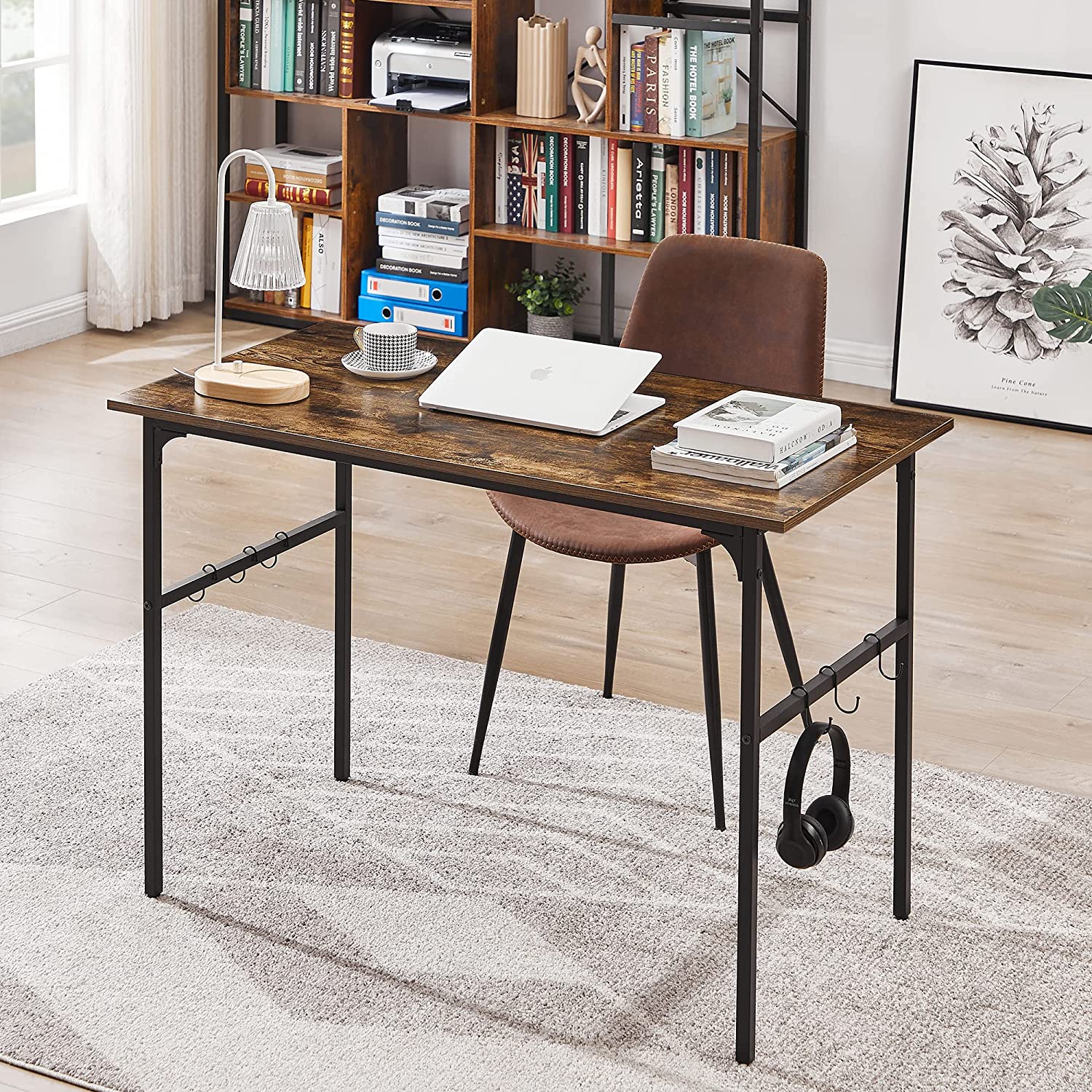VECELO Computer Writing Desk, Study Table Workstation for Small Spaces with 6 Hooks & Adjustable Legs for Home Office